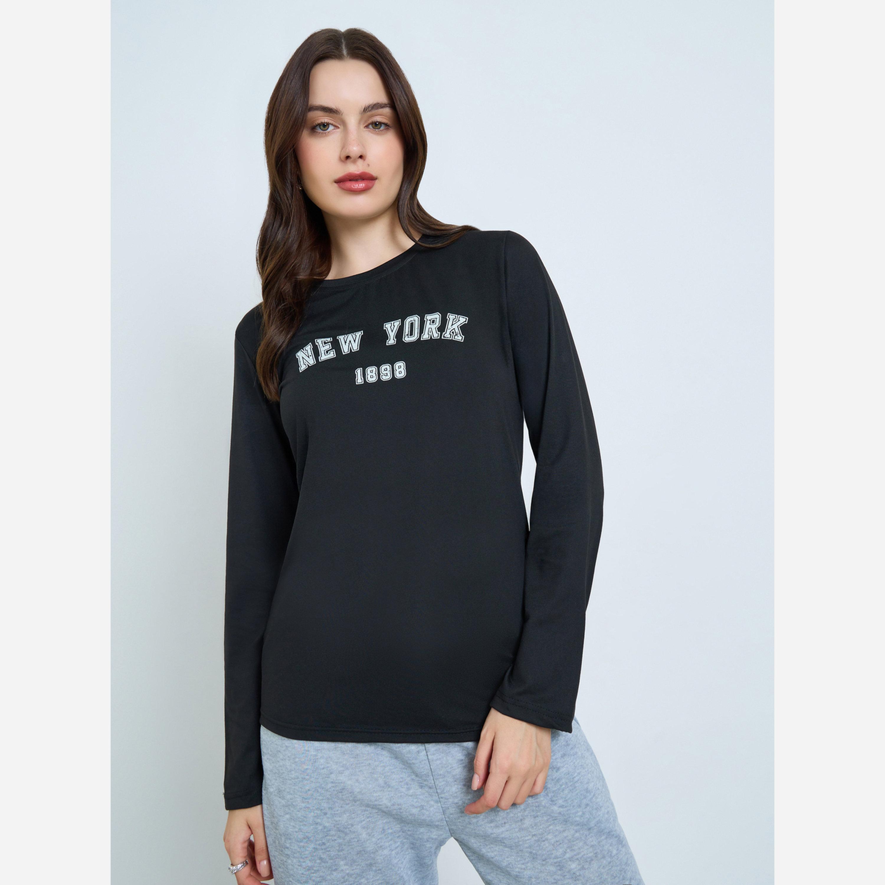 Styli Black Long Sleeve Graphic T-Shirt-women-clothing-tshirts-image-1