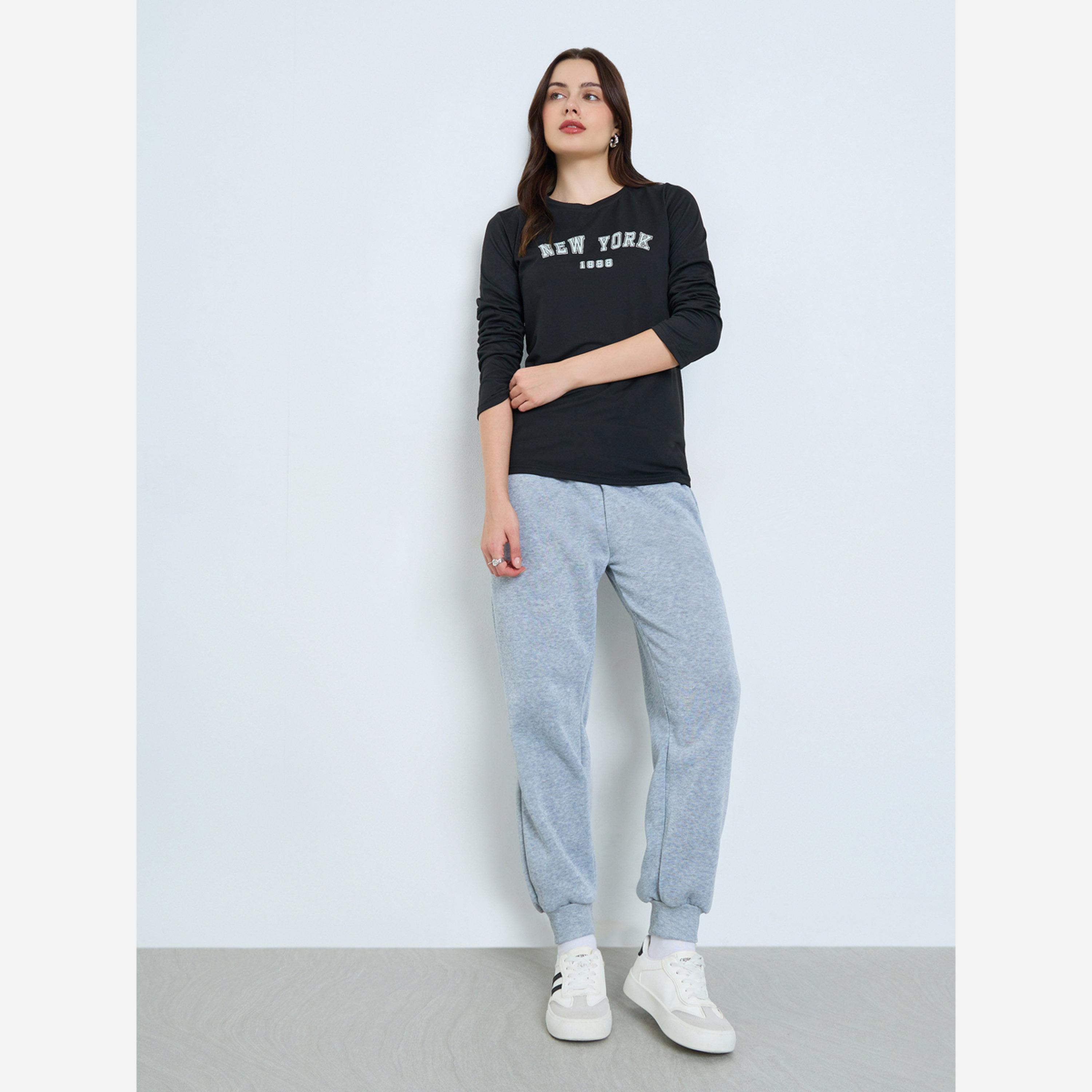 Styli Black Long Sleeve Graphic T-Shirt-women-clothing-tshirts-image-2