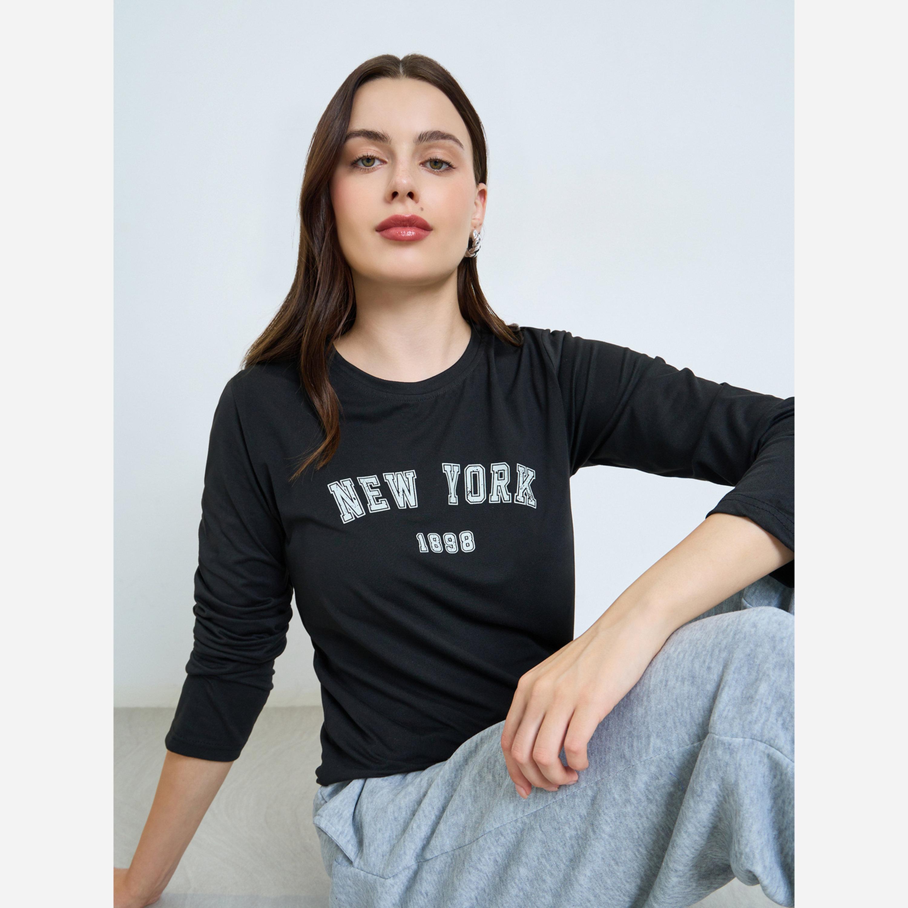 Styli Black Long Sleeve Graphic T-Shirt-women-clothing-tshirts-image-3