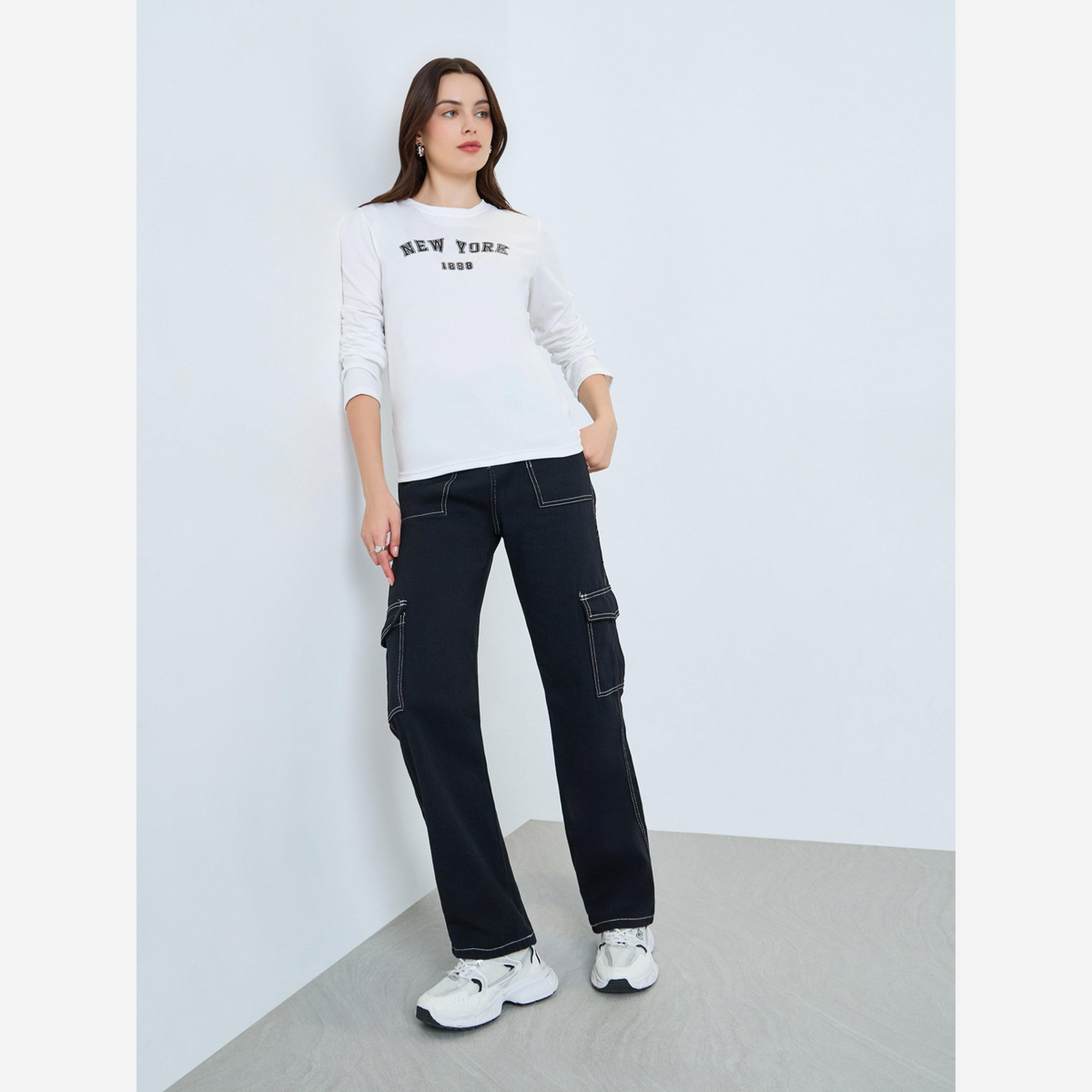 ستايلي - تيشيرت لون أبيض أكمام طويلة طبعة رسومات-women-clothing-tshirts-image-2