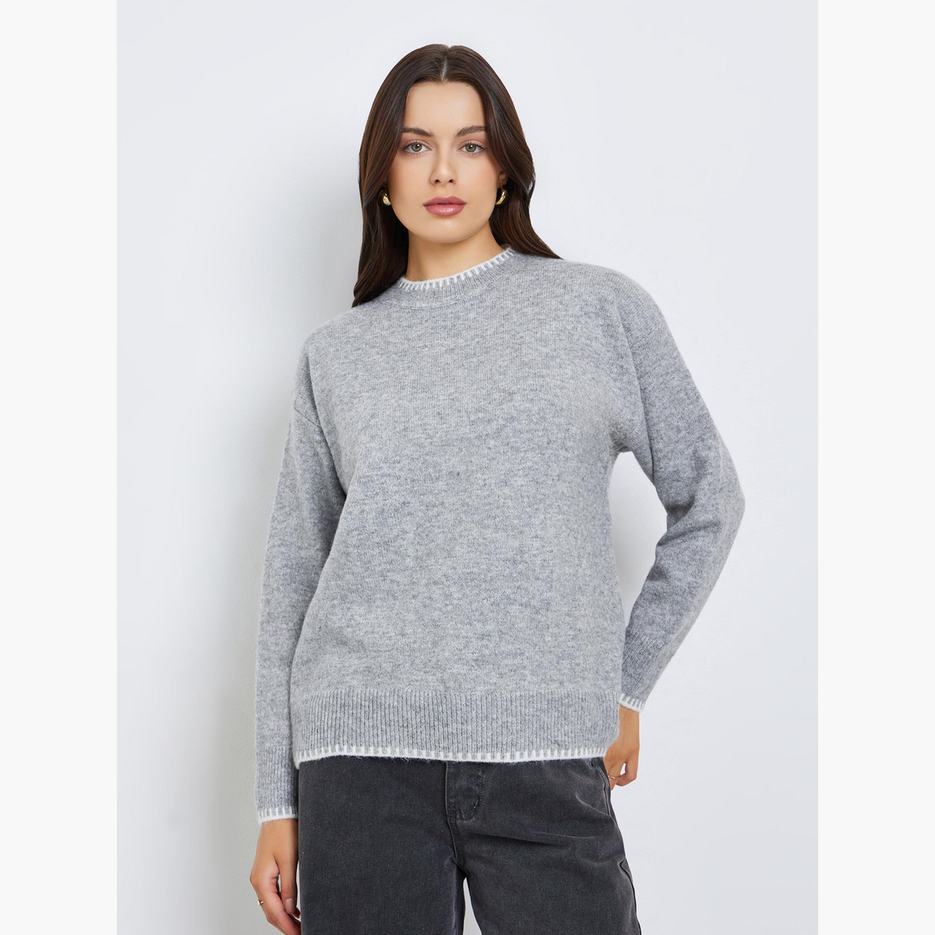 Styli Grey Textured Round Neck Long Sleeves Women's Knit Sweater-women-winterwear-cardigansandjumpers-jumpers-image-1