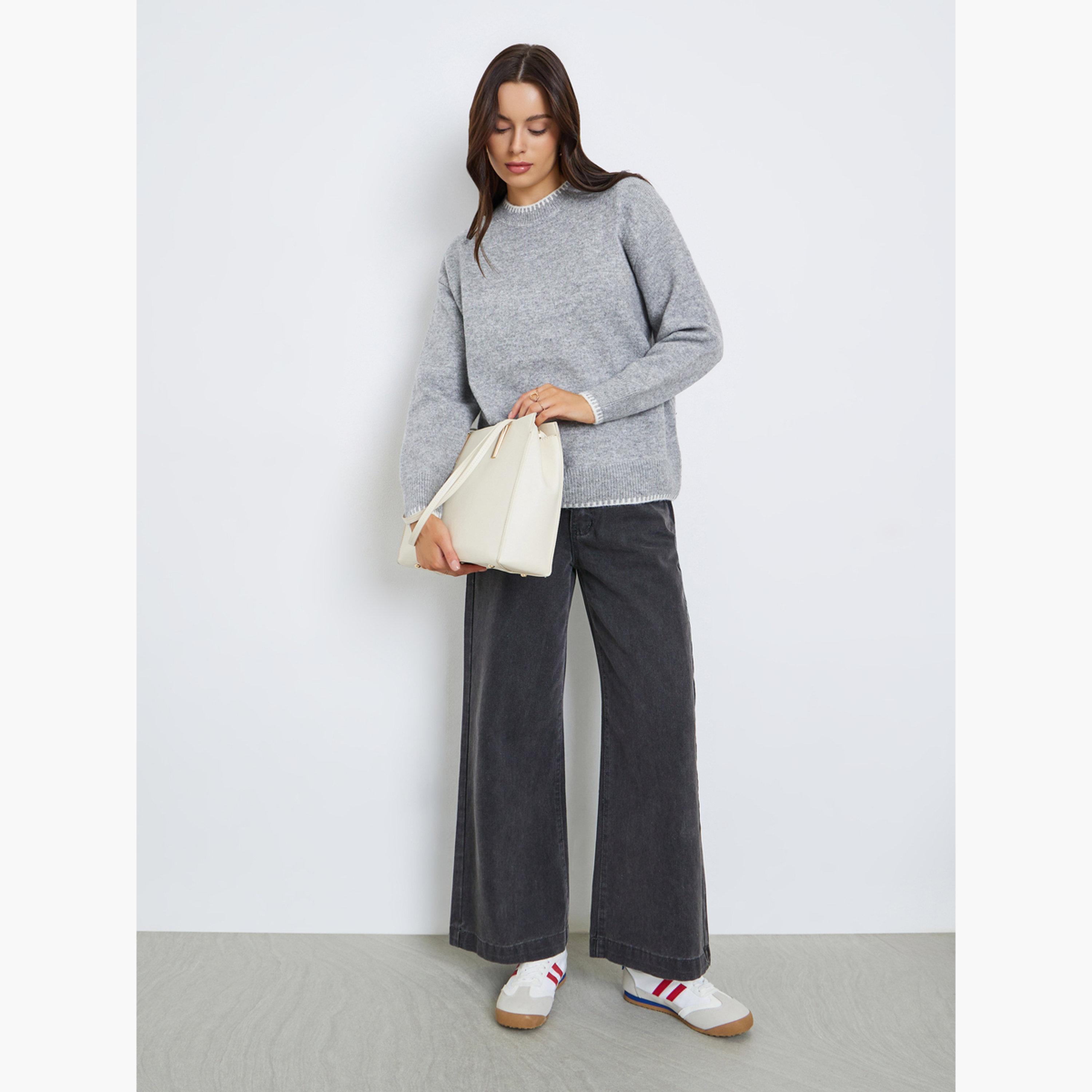 Styli Grey Textured Round Neck Long Sleeves Women's Knit Sweater-women-winterwear-cardigansandjumpers-jumpers-image-2