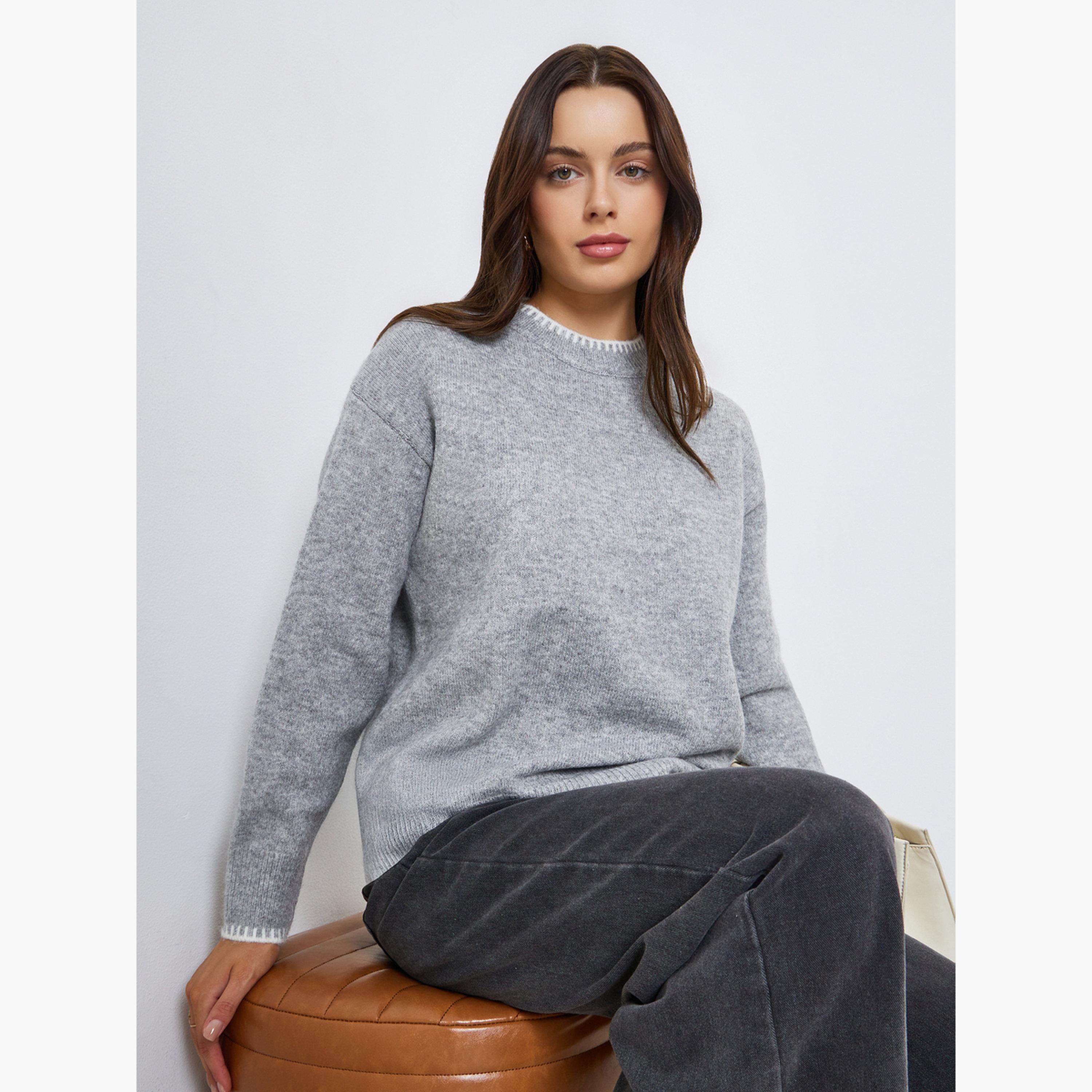 Styli Grey Textured Round Neck Long Sleeves Women's Knit Sweater-women-winterwear-cardigansandjumpers-jumpers-image-3