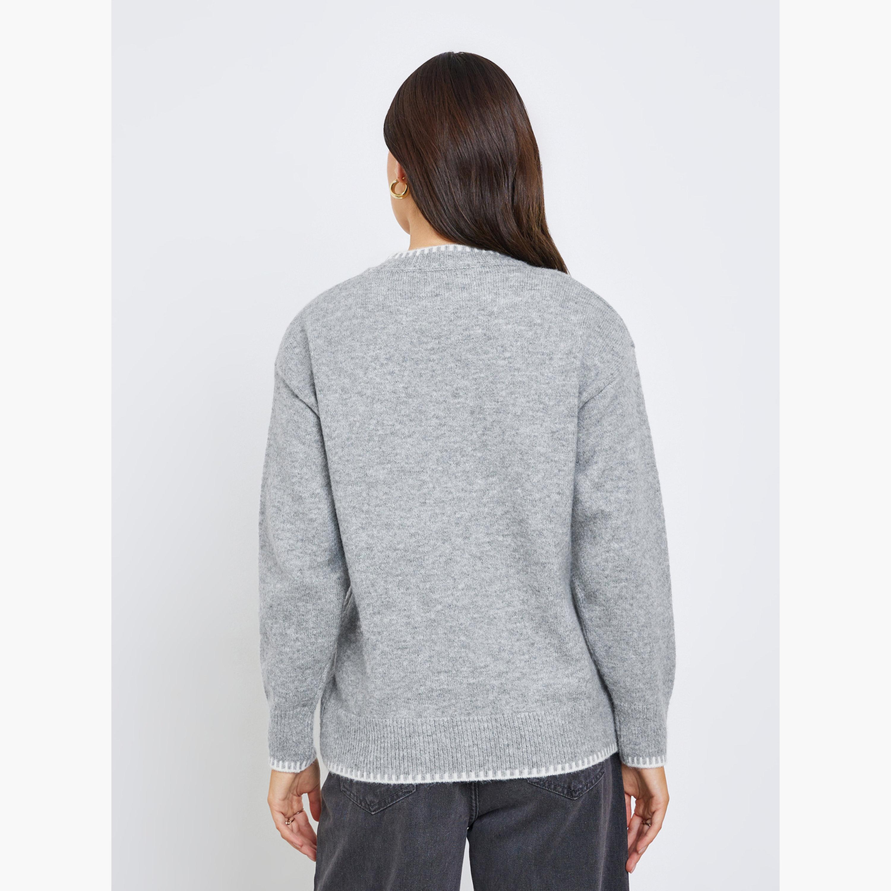 Styli Grey Textured Round Neck Long Sleeves Women's Knit Sweater-women-winterwear-cardigansandjumpers-jumpers-image-4