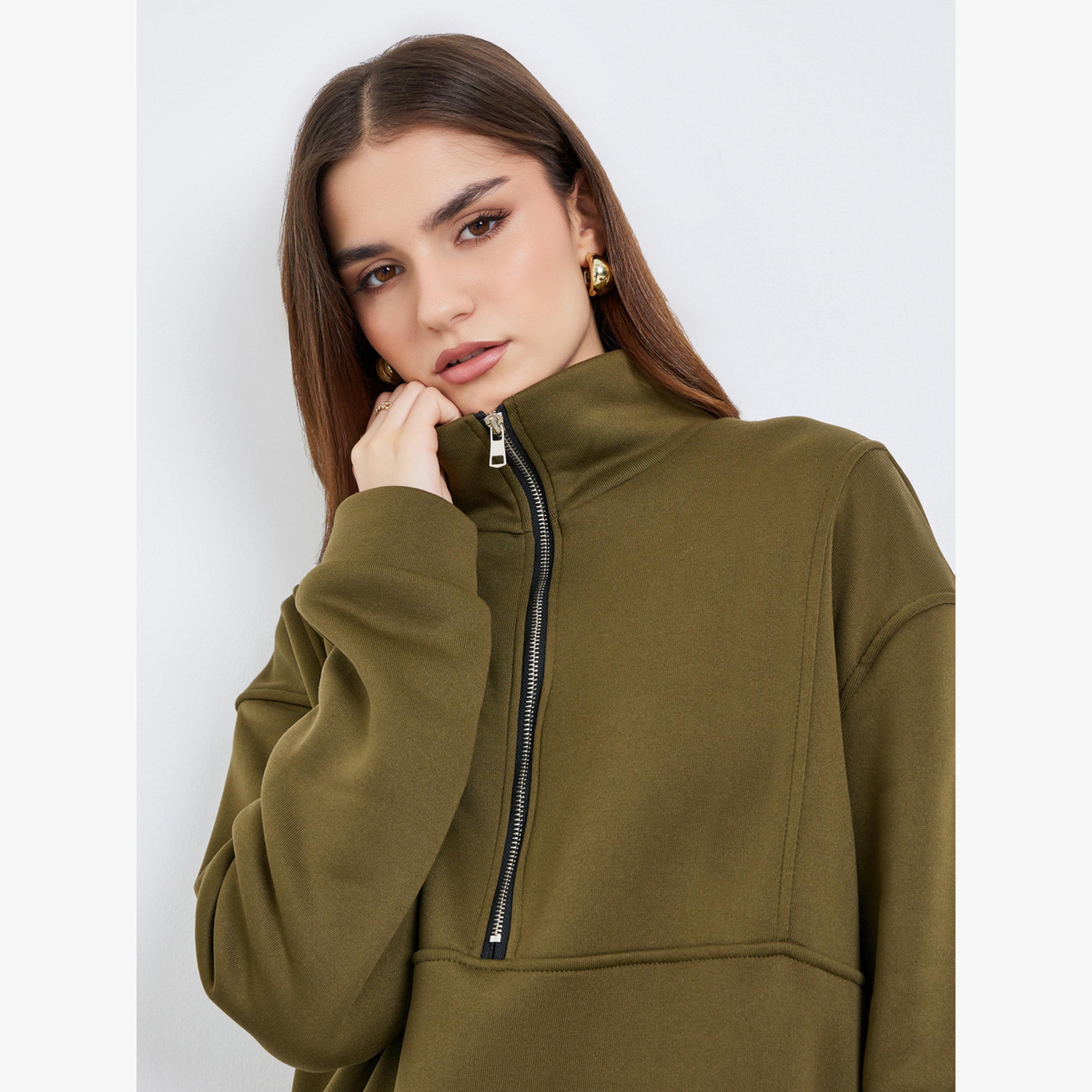Styli Women Olive Green Zip-Neck Sweatshirt-women-clothing-hoodiesandsweatshirts-sweatshirts-image-4