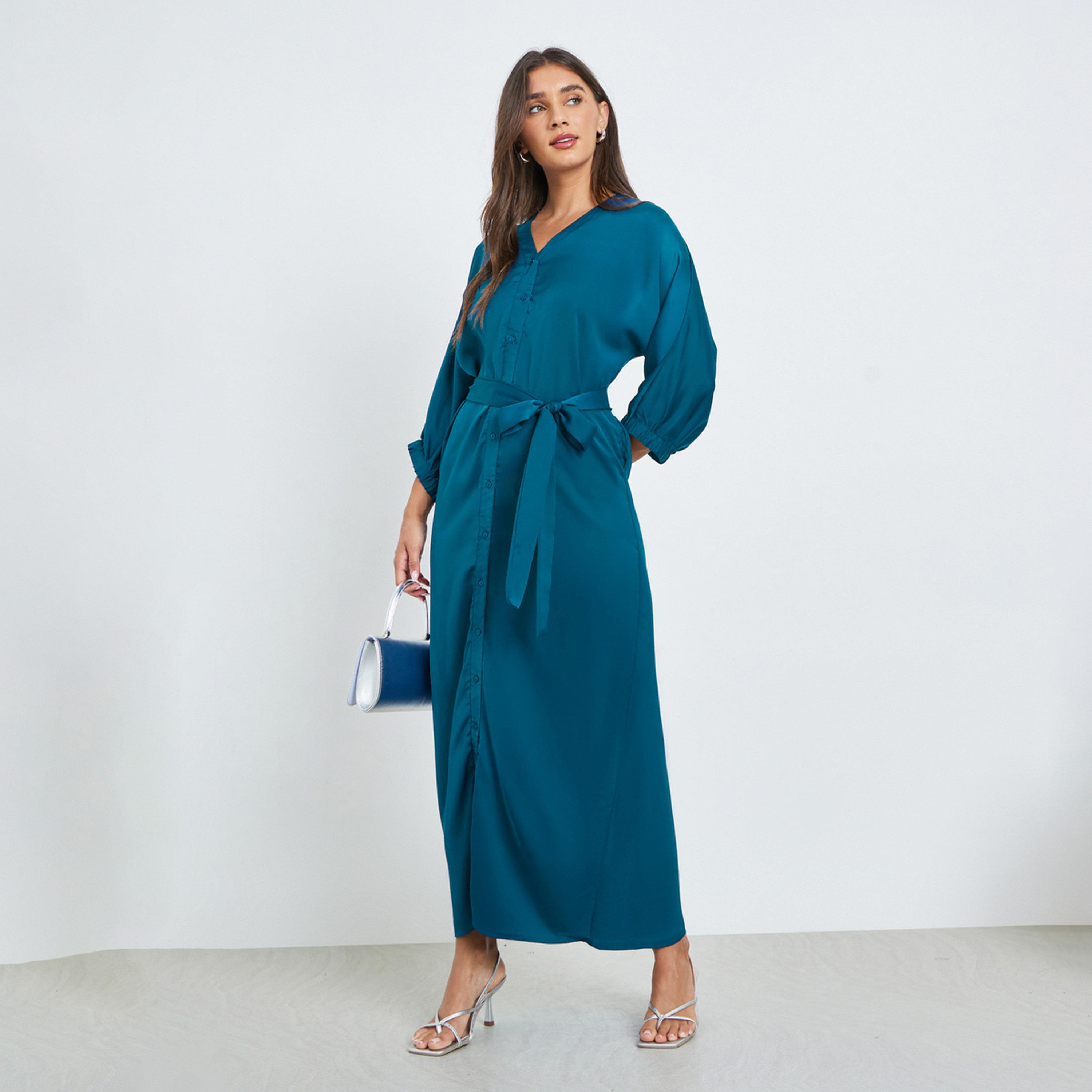 Styli Teal Satin Shirt Maxi Dress with Tie-Belt-women-clothing-dresses-image-1