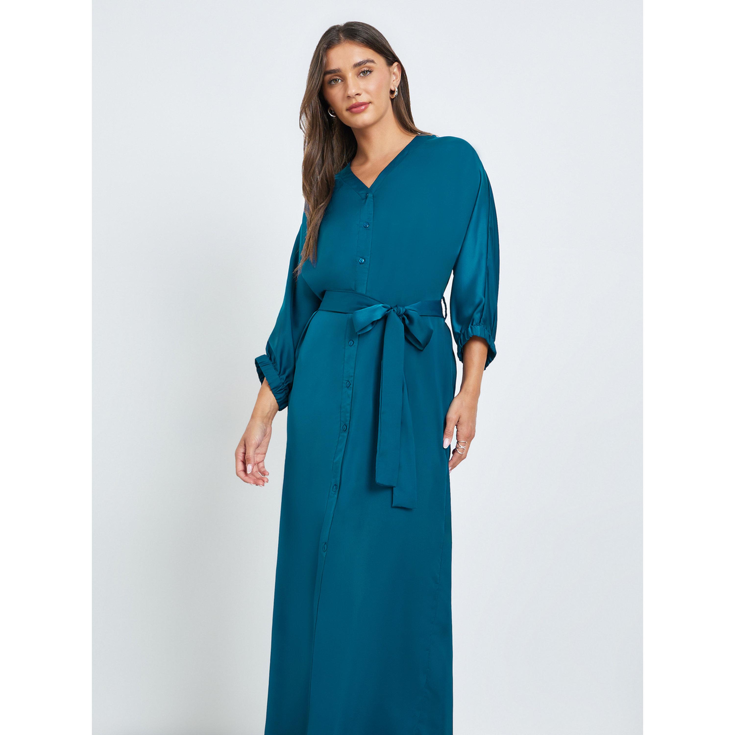 Styli Teal Satin Shirt Maxi Dress with Tie-Belt-women-clothing-dresses-image-2