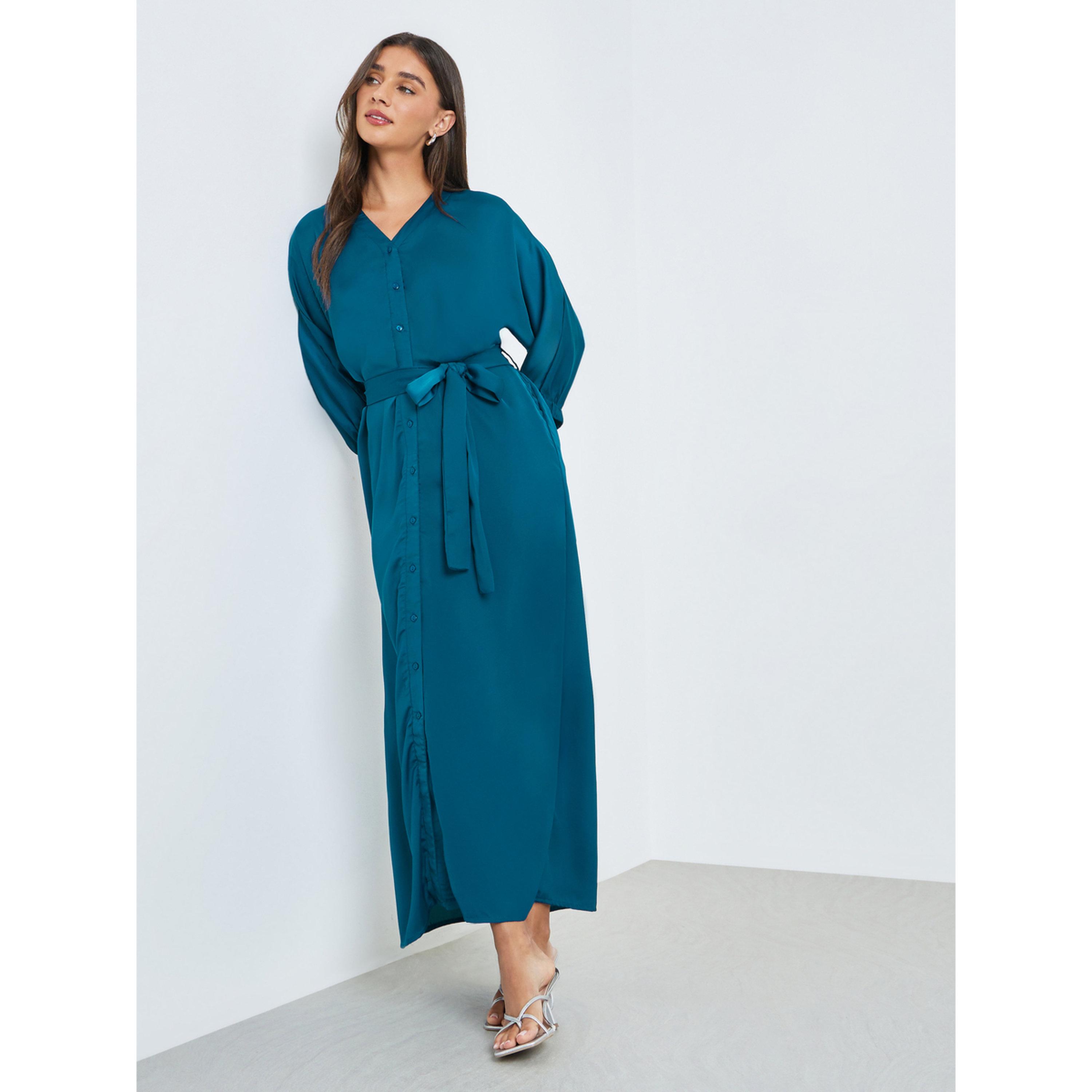 Styli Teal Satin Shirt Maxi Dress with Tie-Belt-women-clothing-dresses-image-3