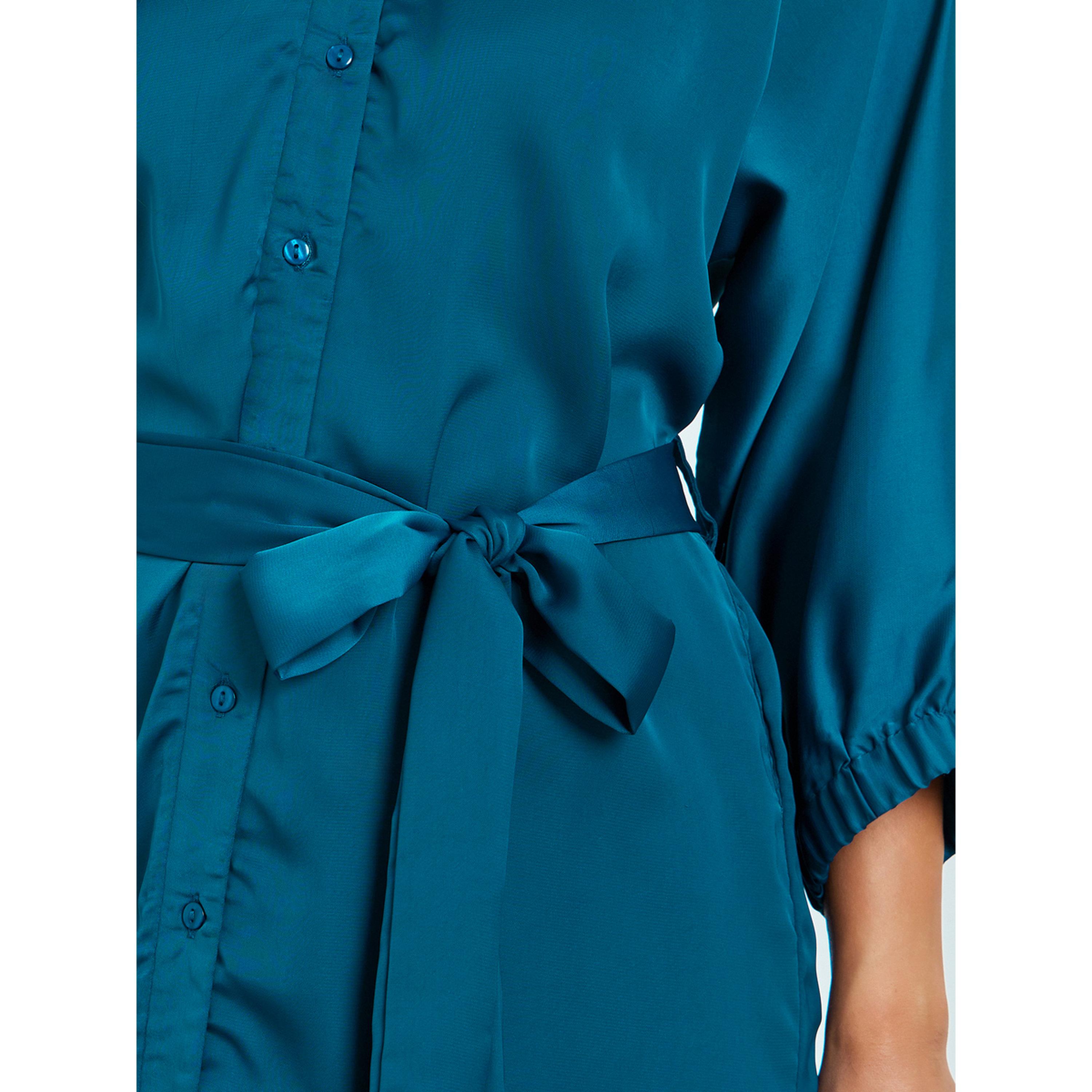 Styli Teal Satin Shirt Maxi Dress with Tie-Belt-women-clothing-dresses-image-5