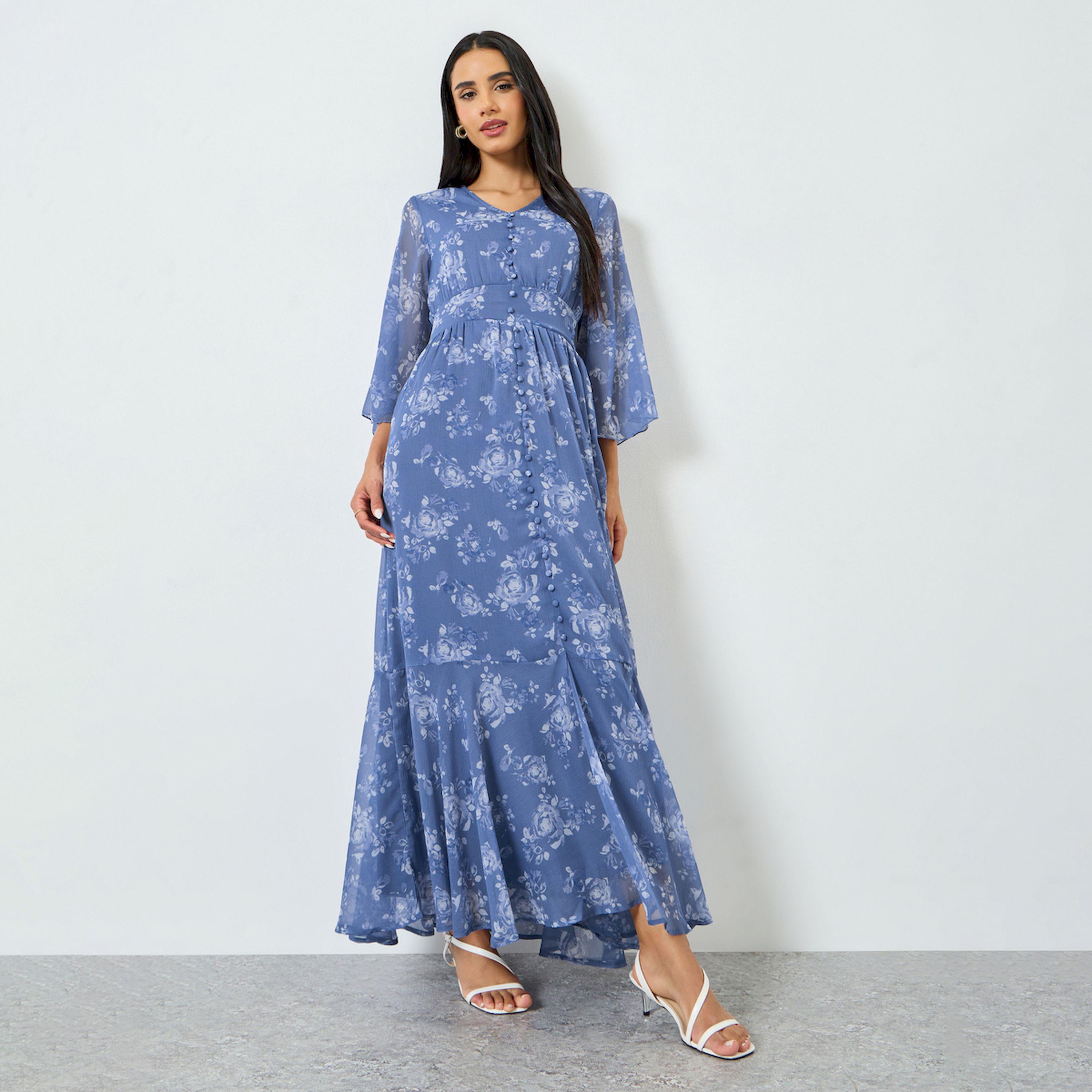 فستان طويل أزرق بطبعة زهور وقصة ميرميد-women-clothing-dresses-image-1