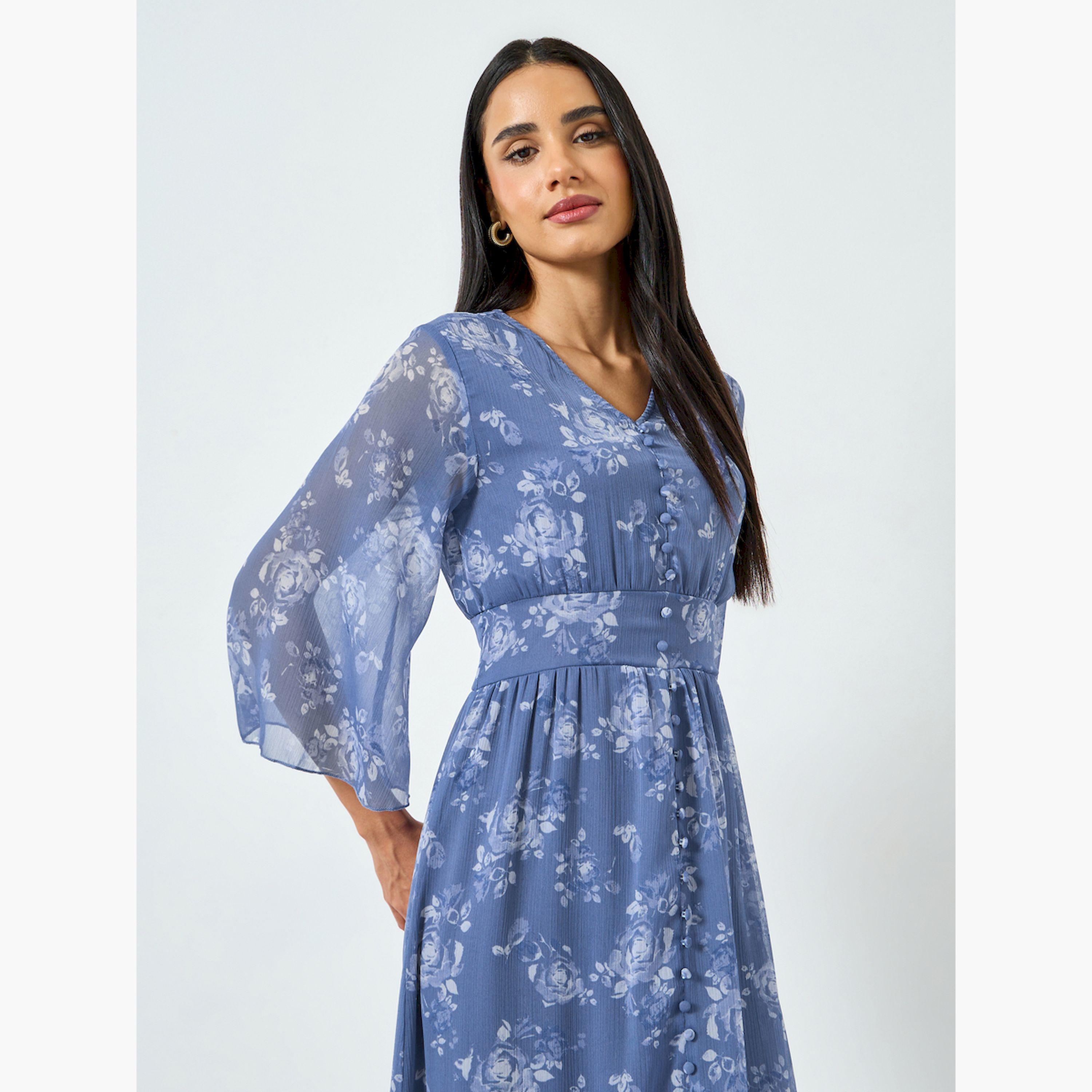فستان طويل أزرق بطبعة زهور وقصة ميرميد-women-clothing-dresses-image-2