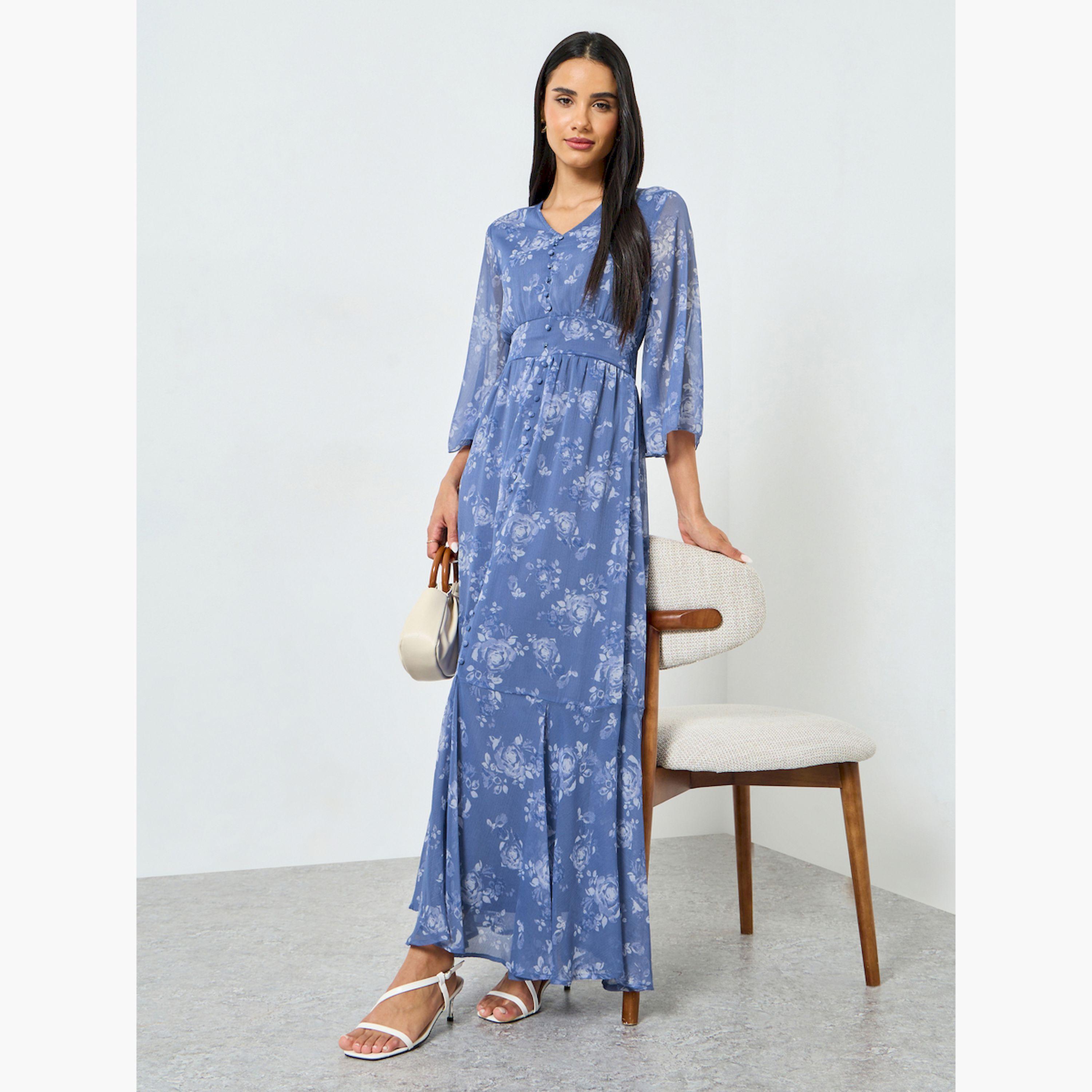 فستان طويل أزرق بطبعة زهور وقصة ميرميد-women-clothing-dresses-image-3