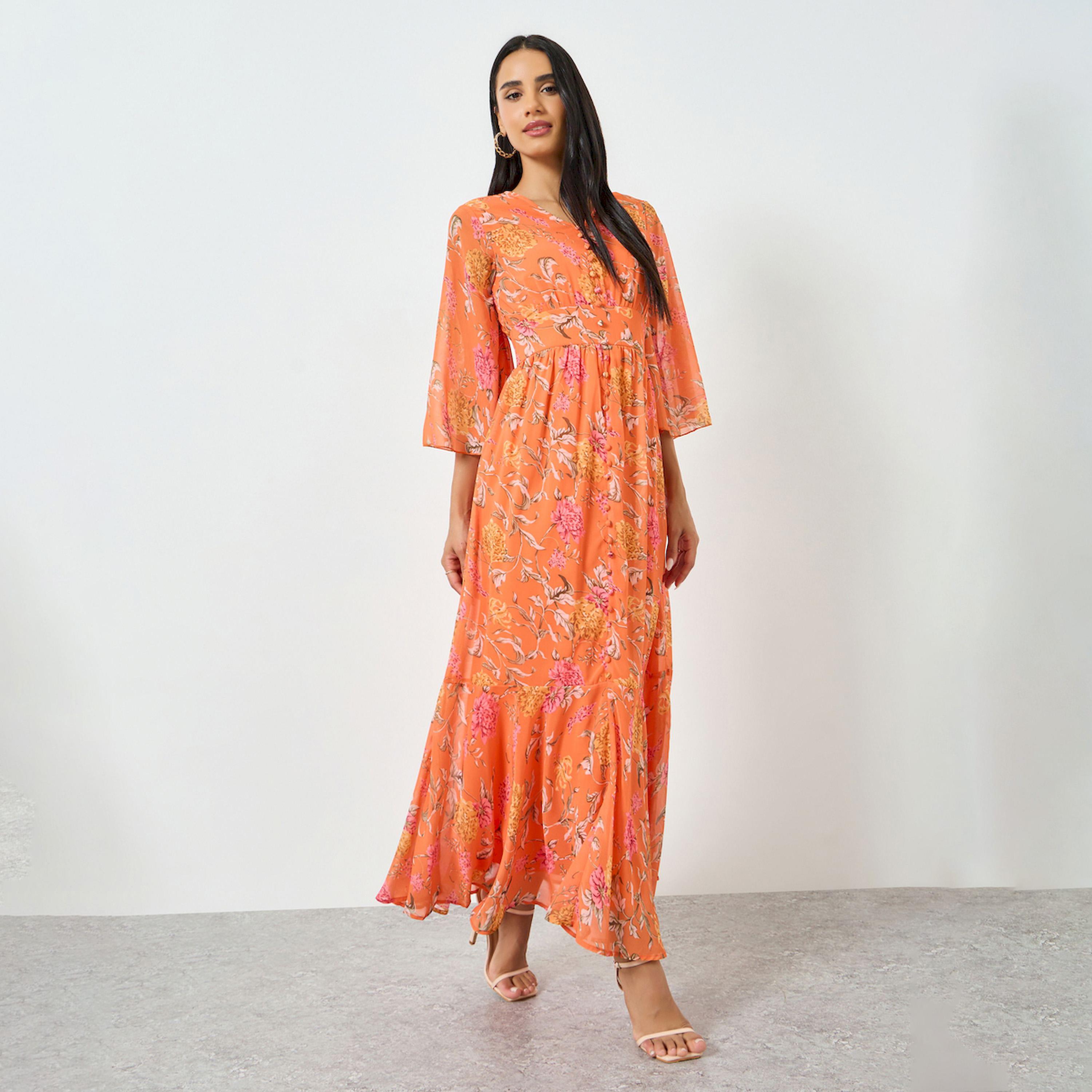 فستان طويل برتقالي بطبعة زهور وقصة ميرميد-women-clothing-dresses-image-1