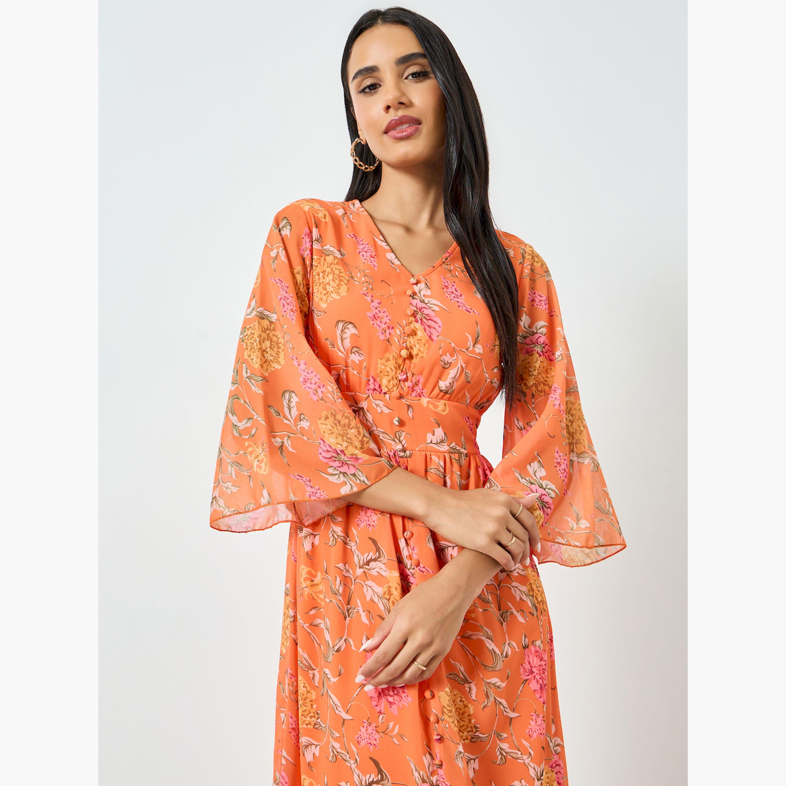 فستان طويل برتقالي بطبعة زهور وقصة ميرميد-women-clothing-dresses-image-2