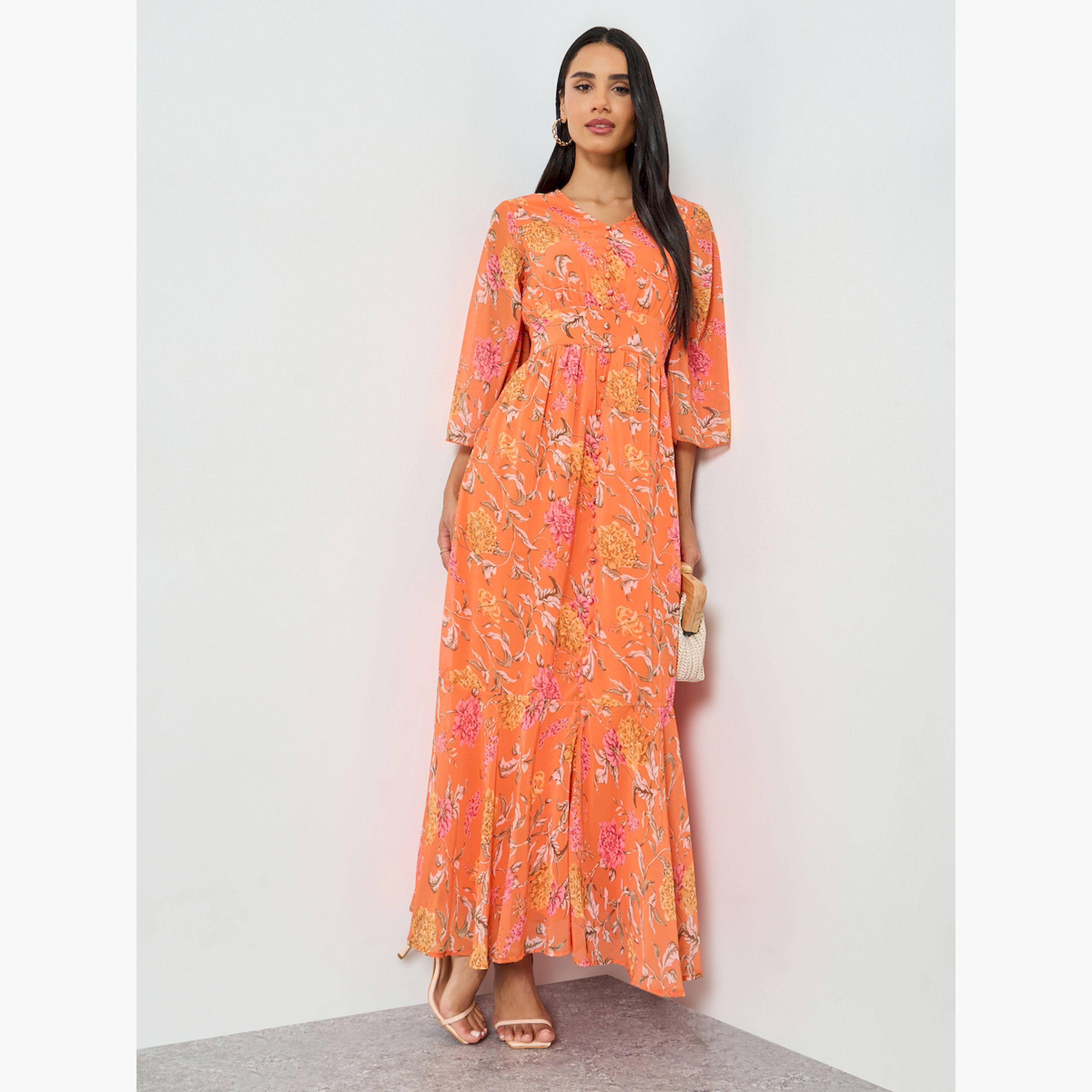 فستان طويل برتقالي بطبعة زهور وقصة ميرميد-women-clothing-dresses-image-3