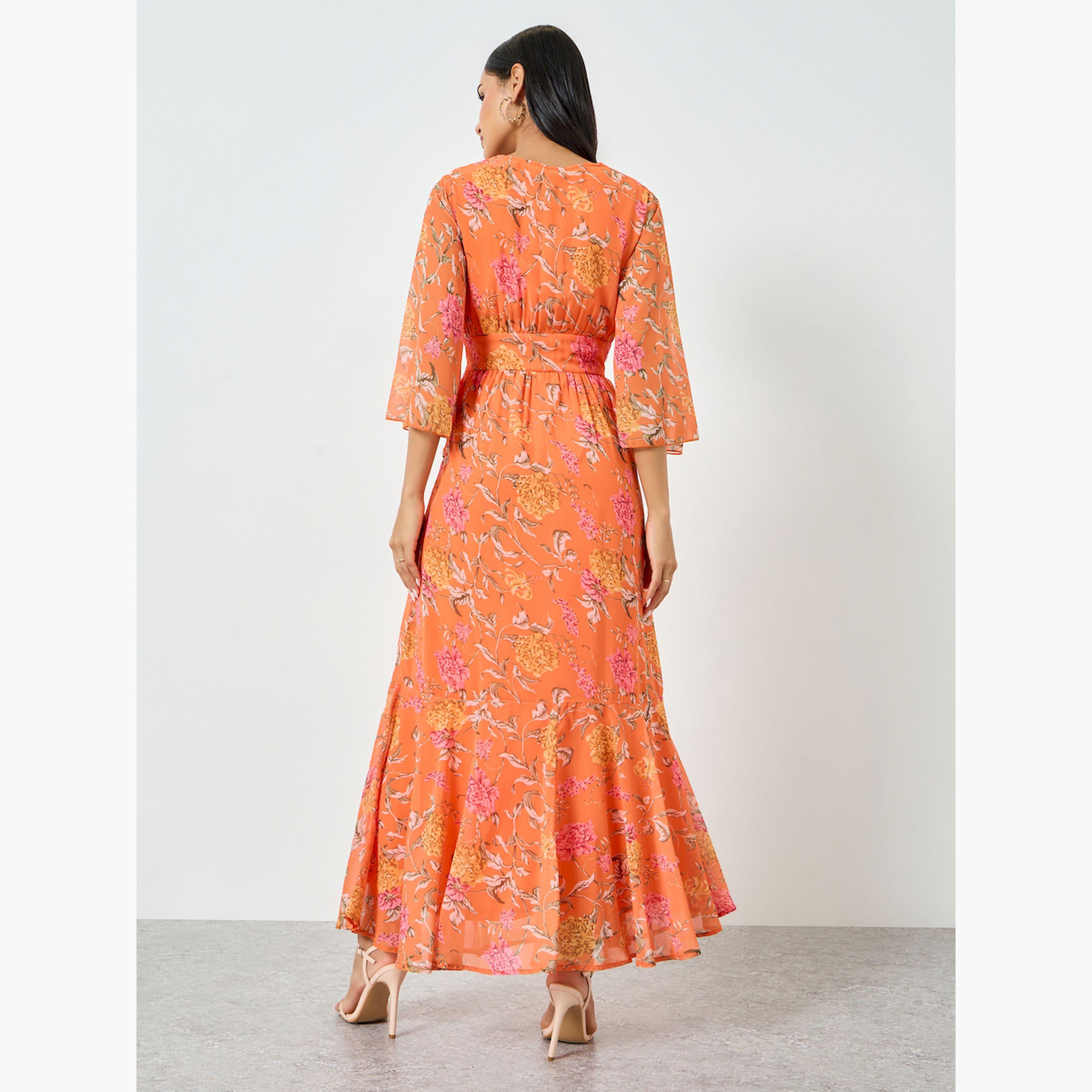 فستان طويل برتقالي بطبعة زهور وقصة ميرميد-women-clothing-dresses-image-4