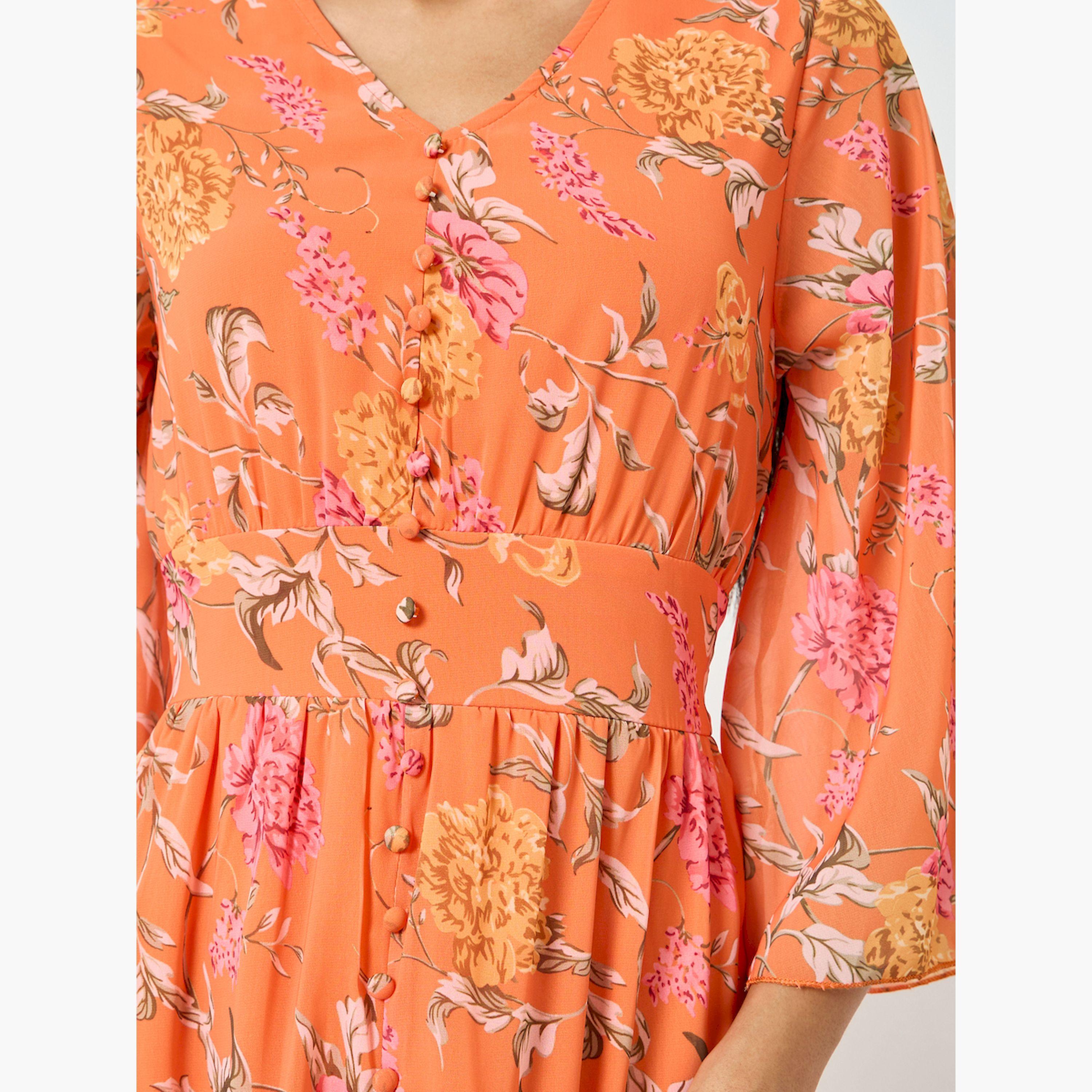 فستان طويل برتقالي بطبعة زهور وقصة ميرميد-women-clothing-dresses-image-5
