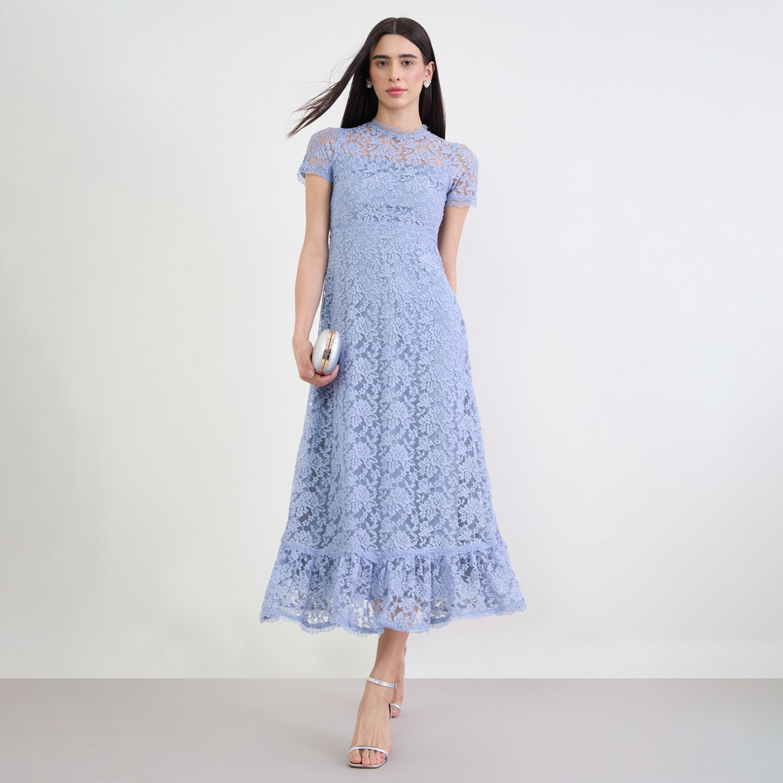 Styli Blue Lace Maxi Dress with Short Sleeves-women-clothing-dresses-image-1