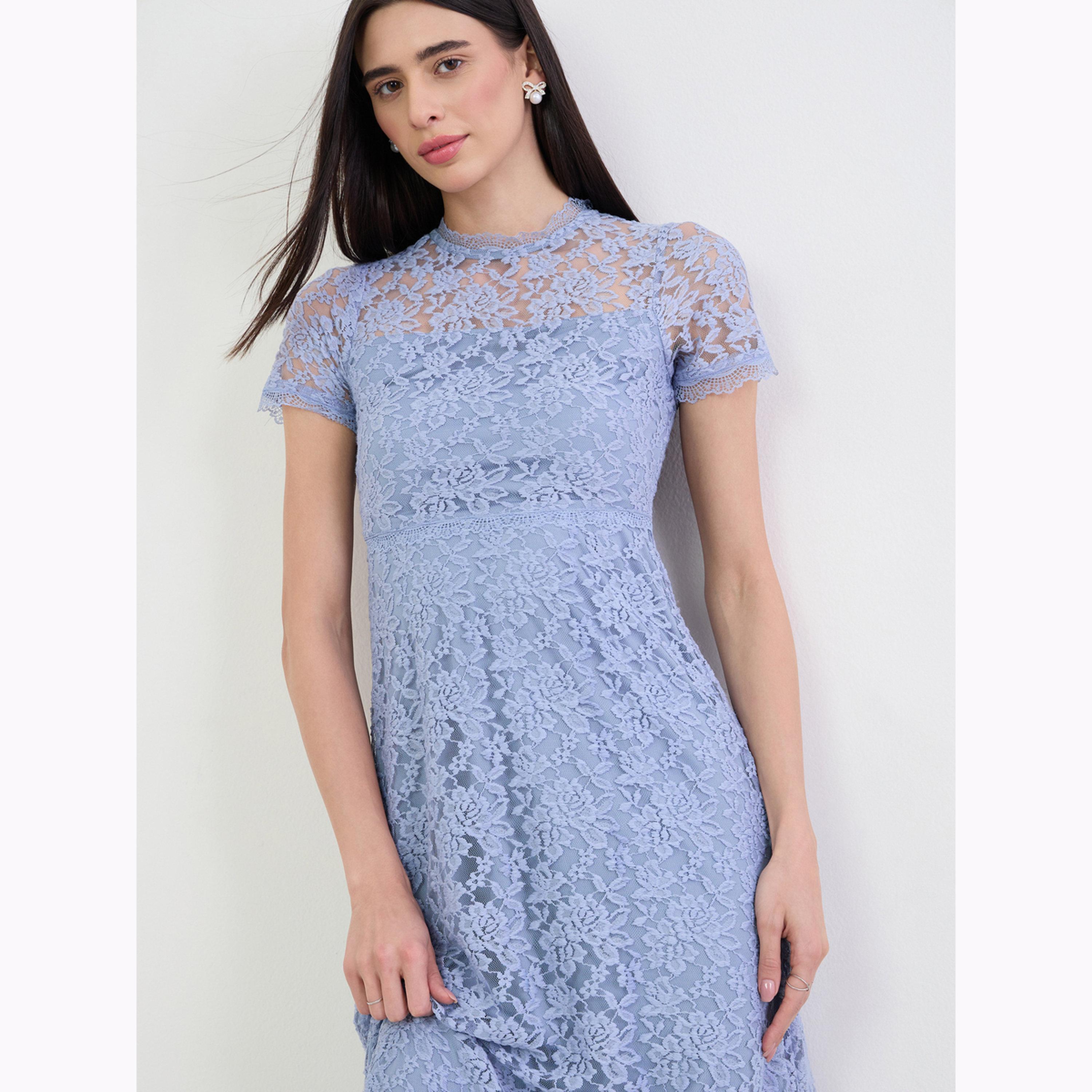 Styli Blue Lace Maxi Dress with Short Sleeves-women-clothing-dresses-image-2