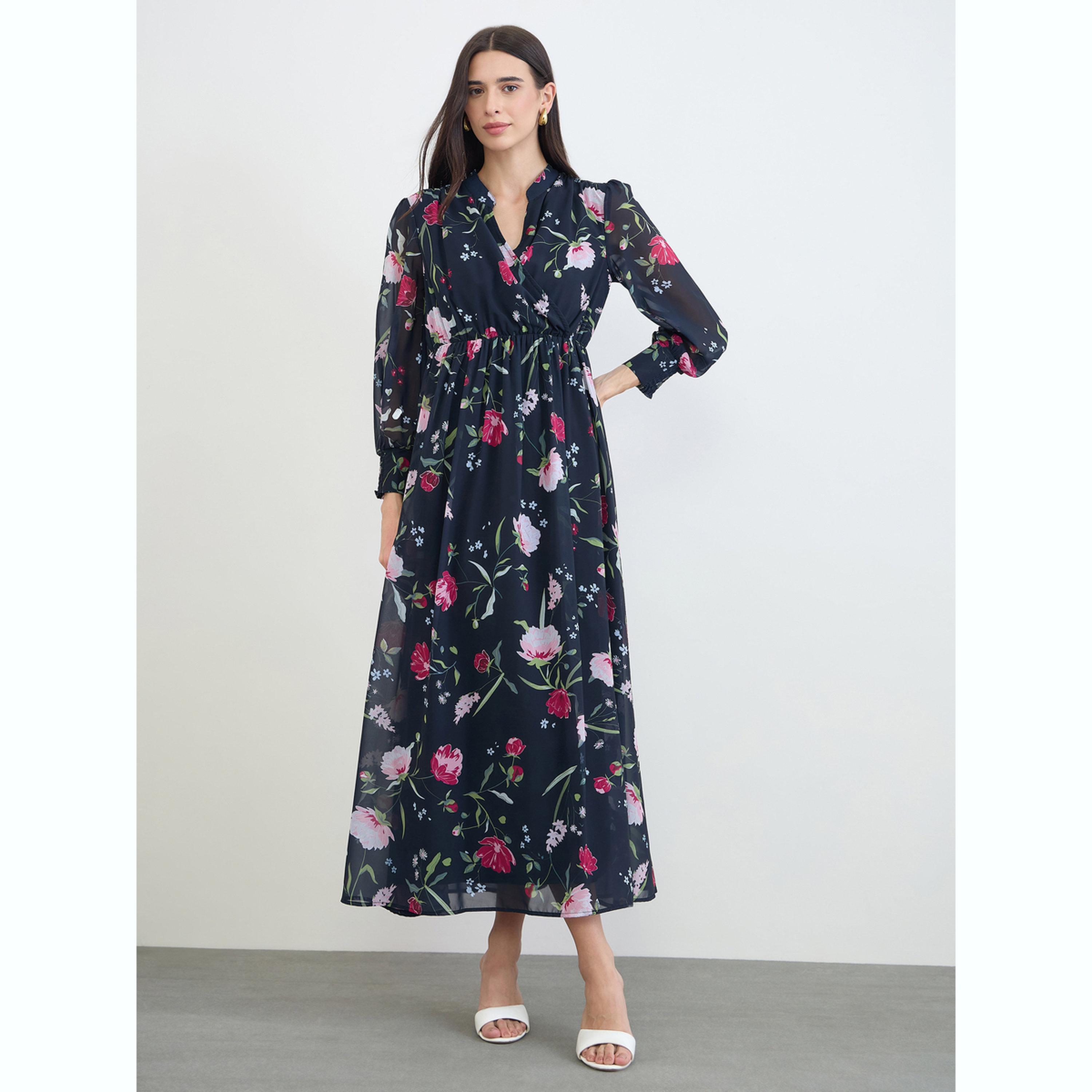 فستان طويل بأكمام طويلة ونقشة زهور أزرق داكن-women-clothing-dresses-image-1