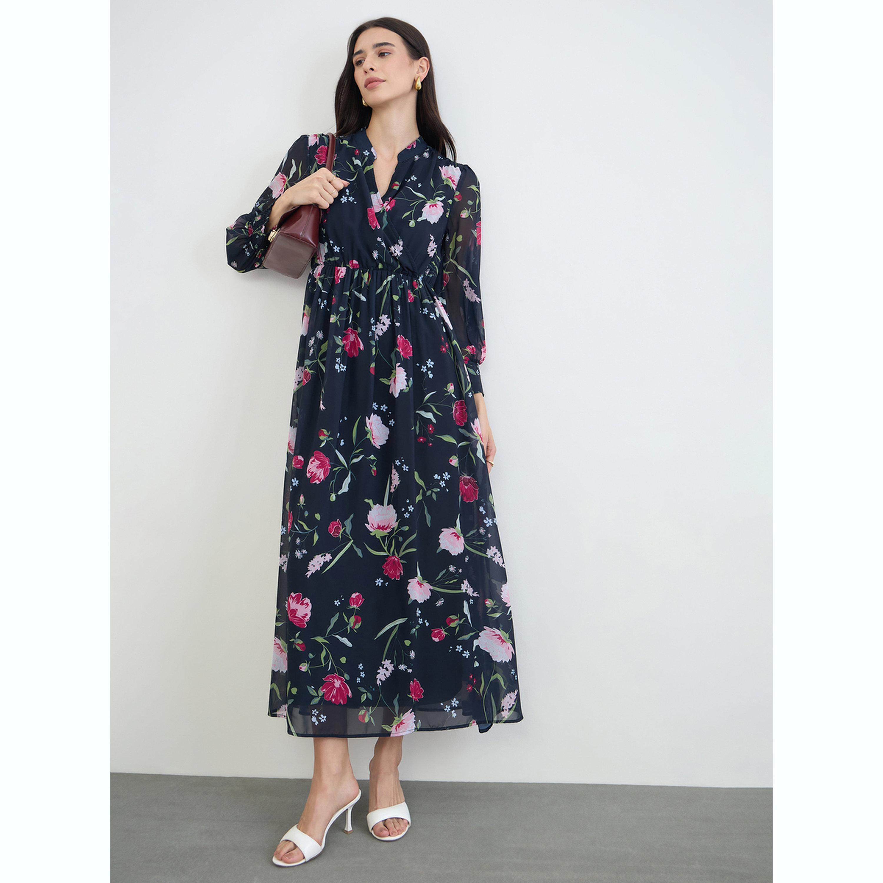 فستان طويل بأكمام طويلة ونقشة زهور أزرق داكن-women-clothing-dresses-image-2