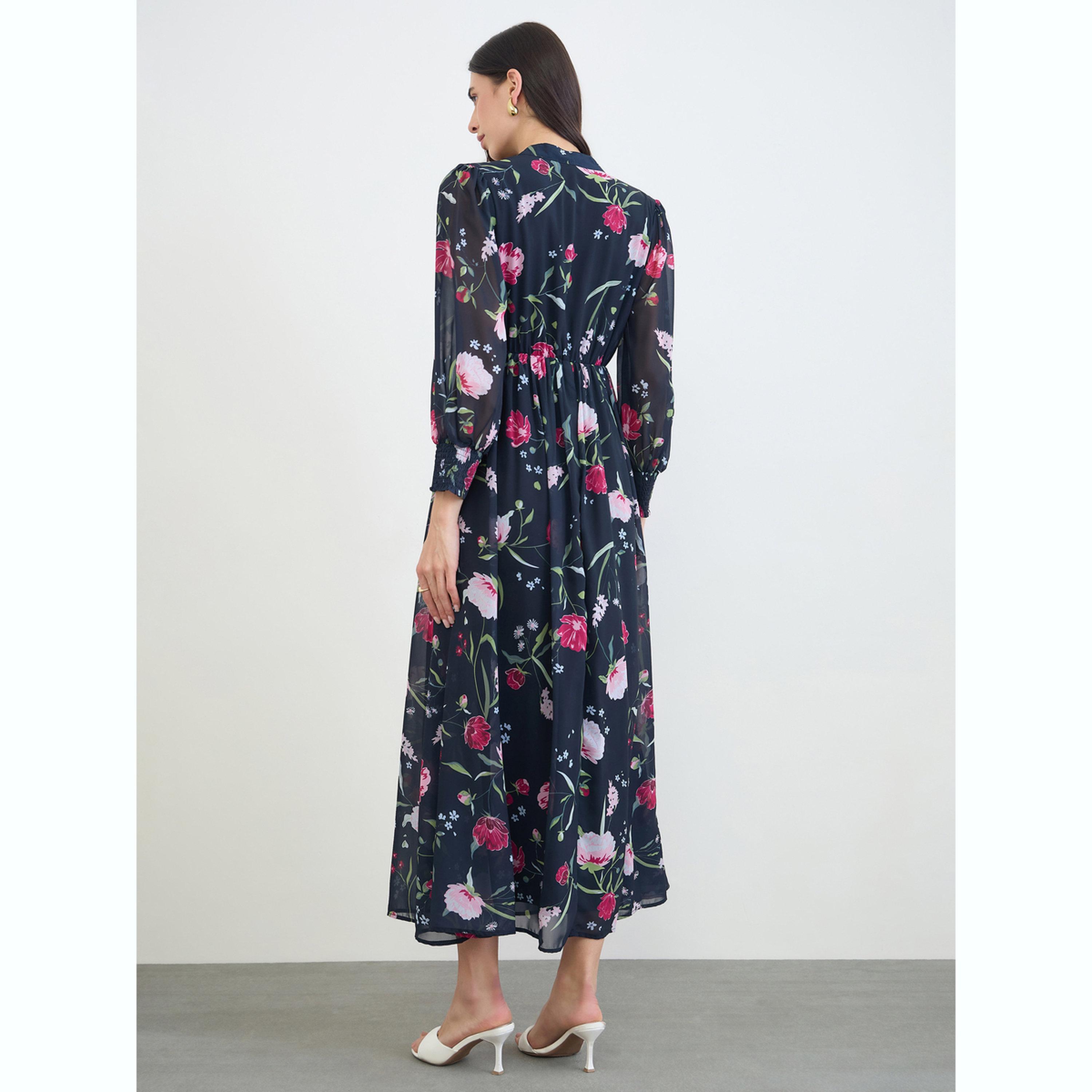 فستان طويل بأكمام طويلة ونقشة زهور أزرق داكن-women-clothing-dresses-image-5