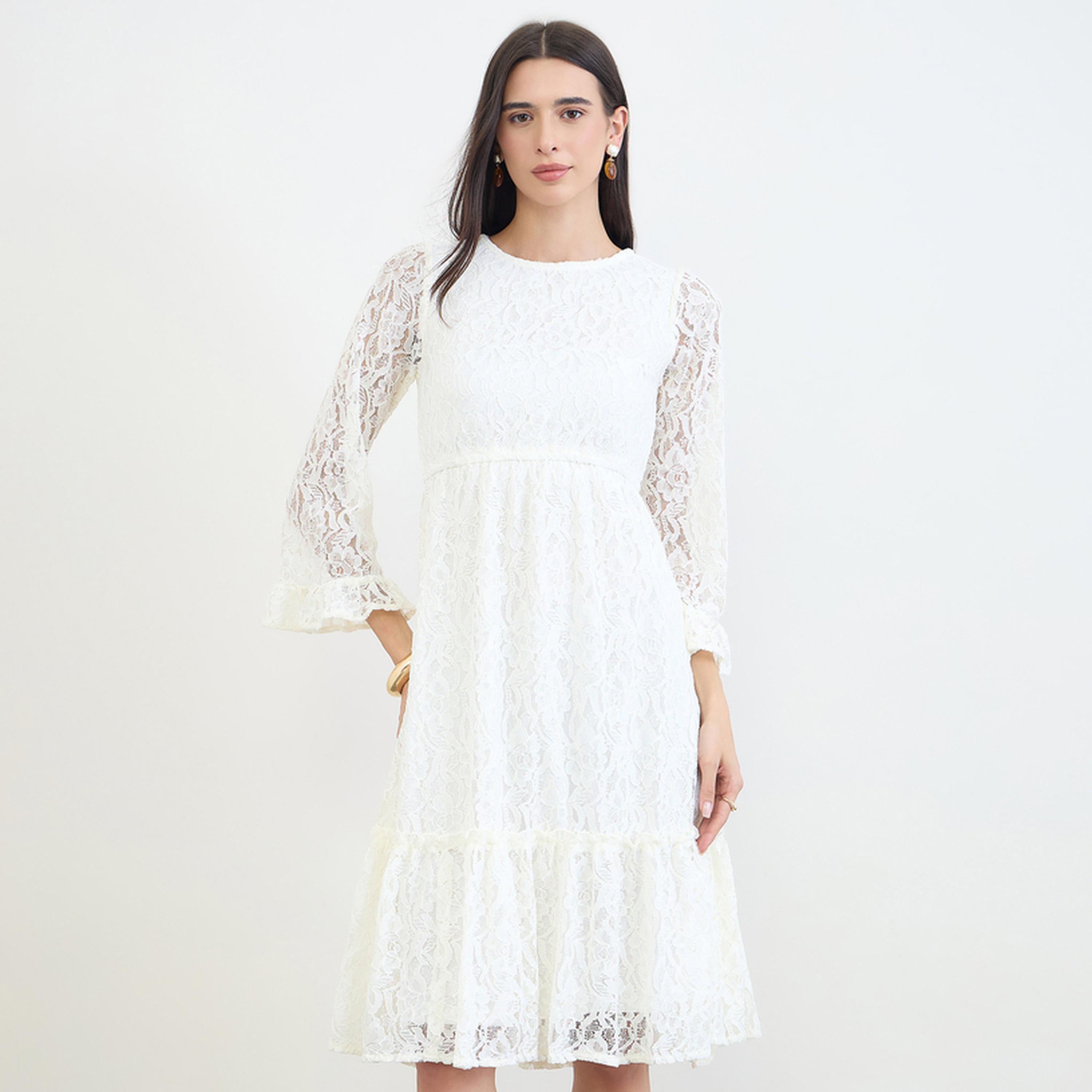 Styli Off White Lace Bell Sleeves A-Line Midi Dress-women-clothing-dresses-image-1
