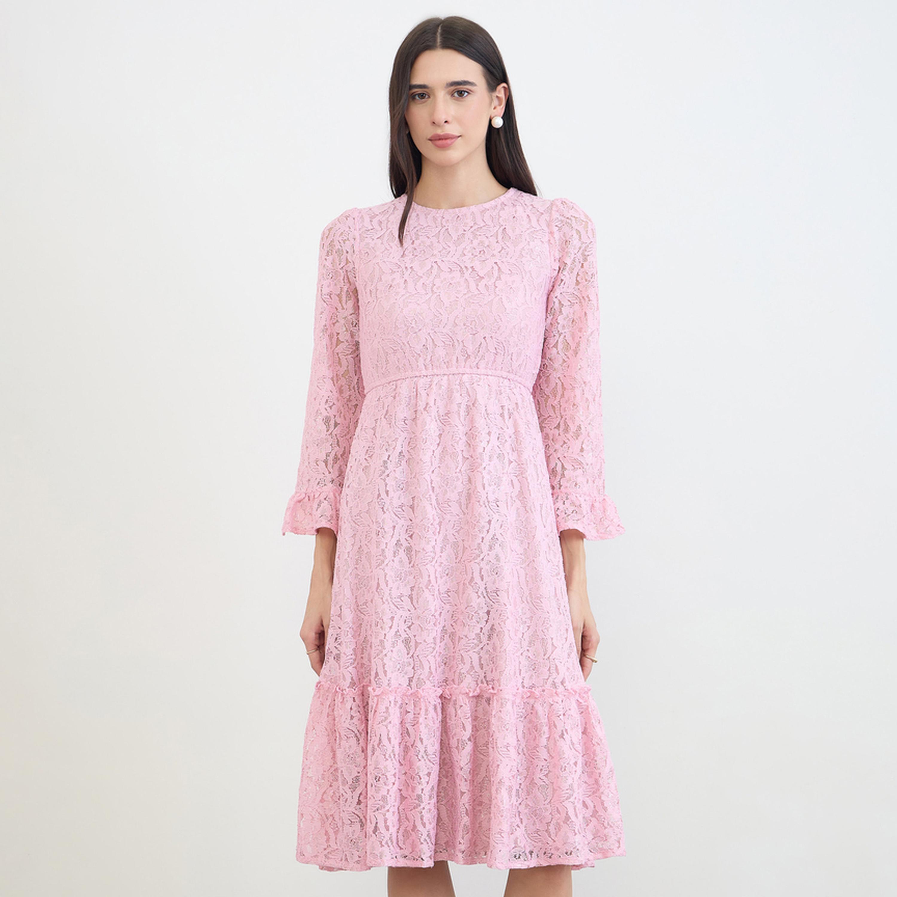 Styli Pink Lace Bell Sleeves A-Line Midi Dress-women-clothing-dresses-image-1