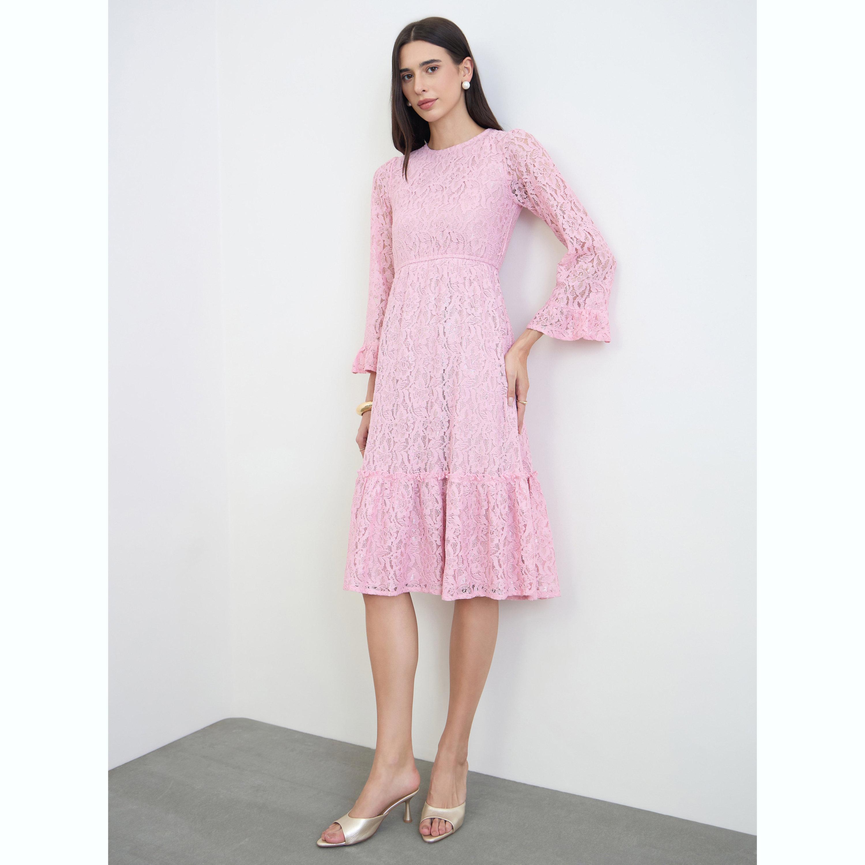 Styli Pink Lace Bell Sleeves A-Line Midi Dress-women-clothing-dresses-image-2