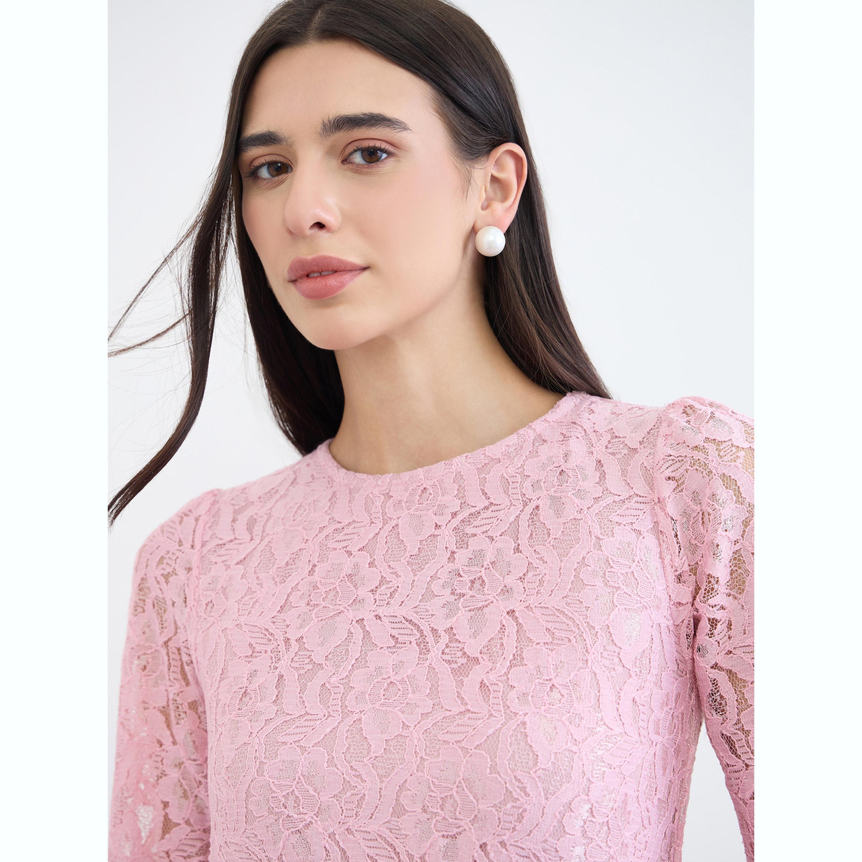 Styli Pink Lace Bell Sleeves A-Line Midi Dress-women-clothing-dresses-image-5