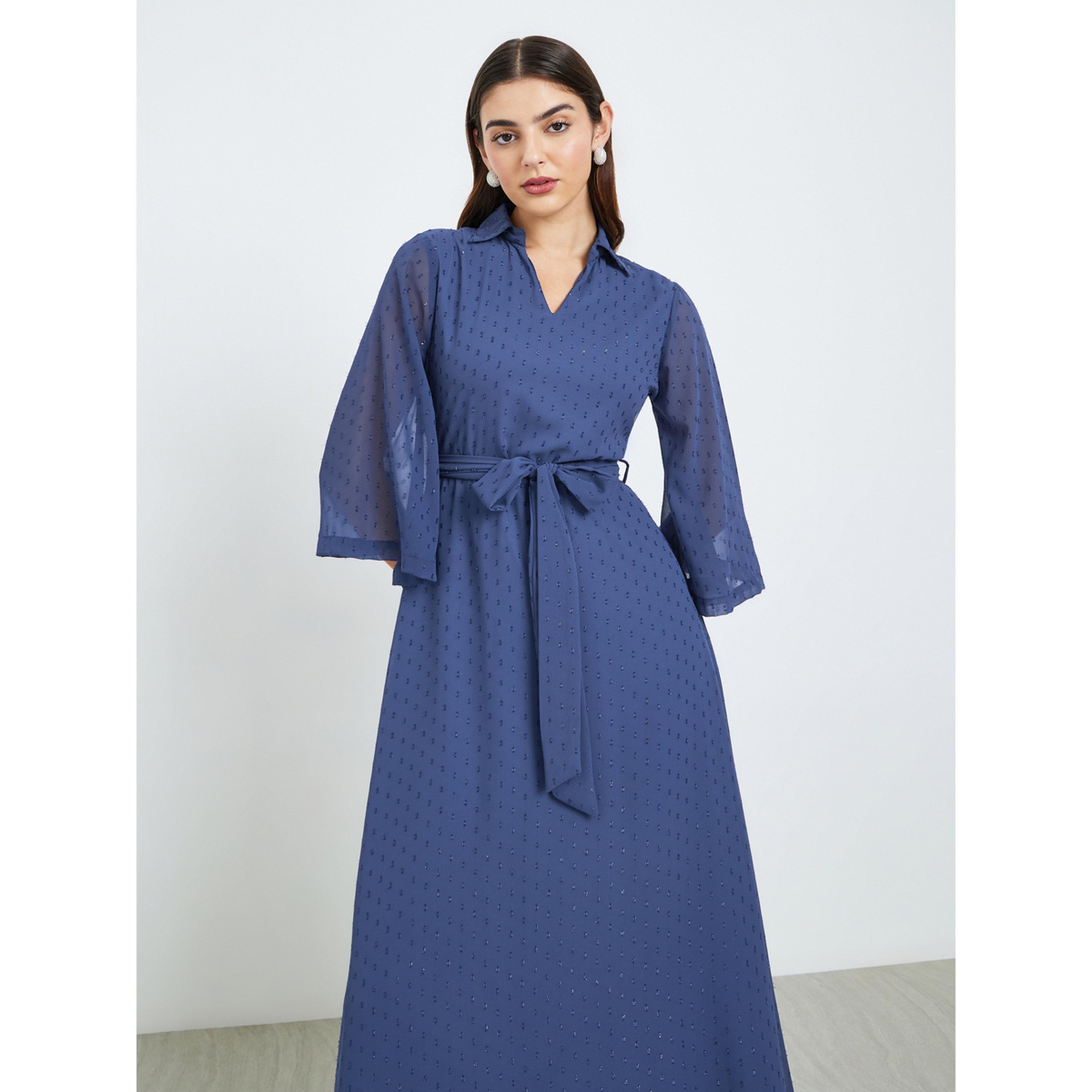 Styli Women Blue Textured Collared A-Line Maxi Dress-women-clothing-dresses-image-2
