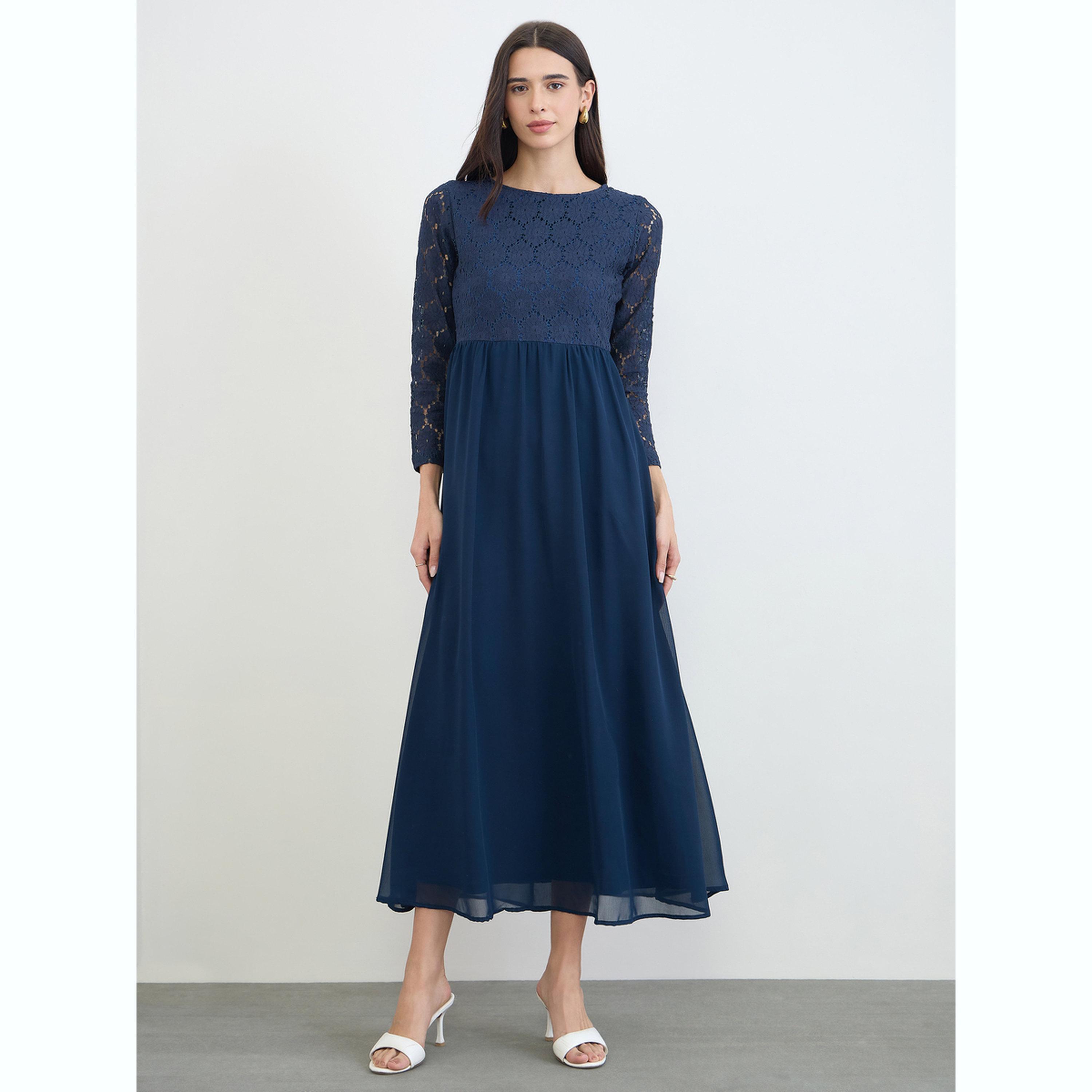 Styli Navy Blue Lace Sleeves A-Line Maxi Dress-women-clothing-dresses-image-1
