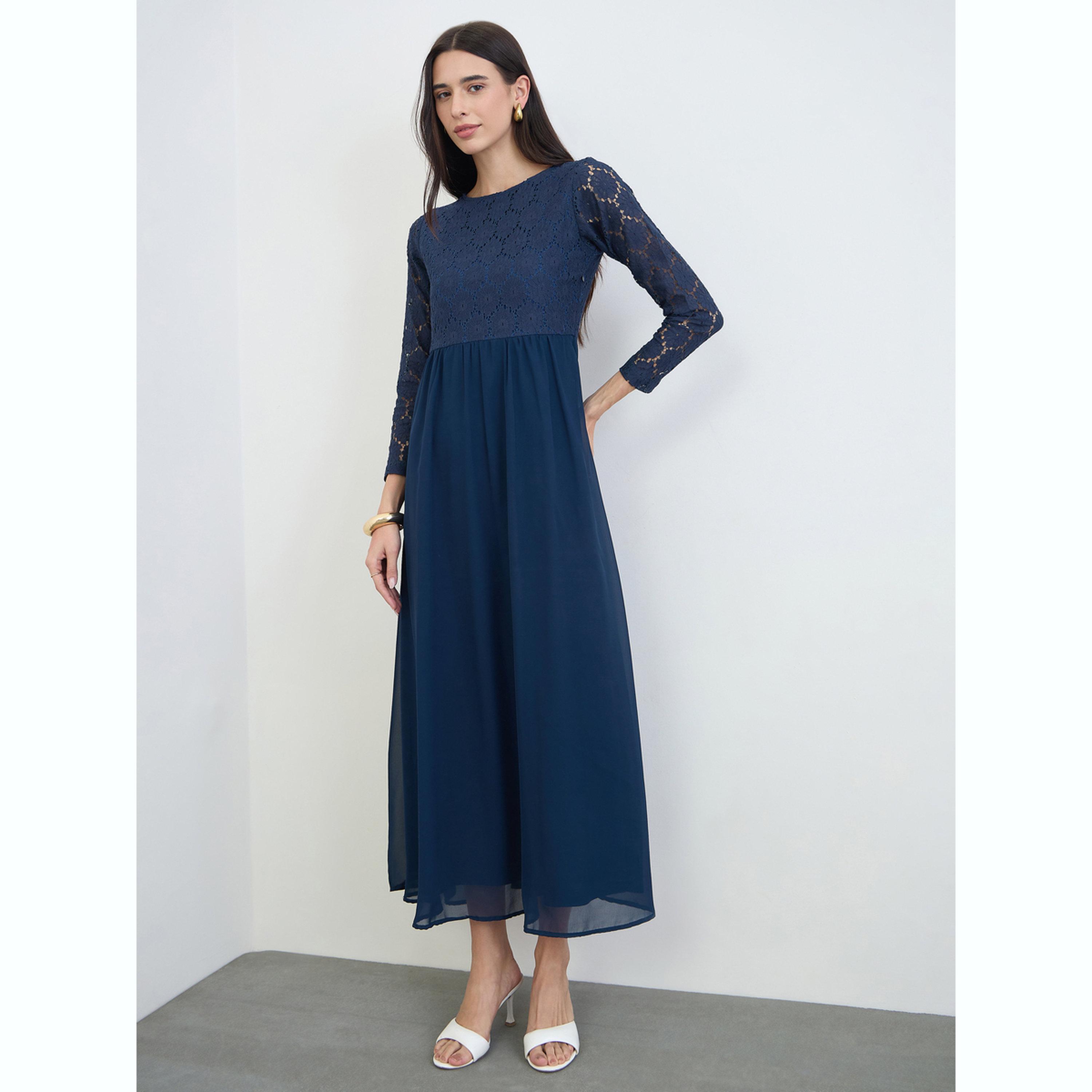 Styli Navy Blue Lace Sleeves A-Line Maxi Dress-women-clothing-dresses-image-2