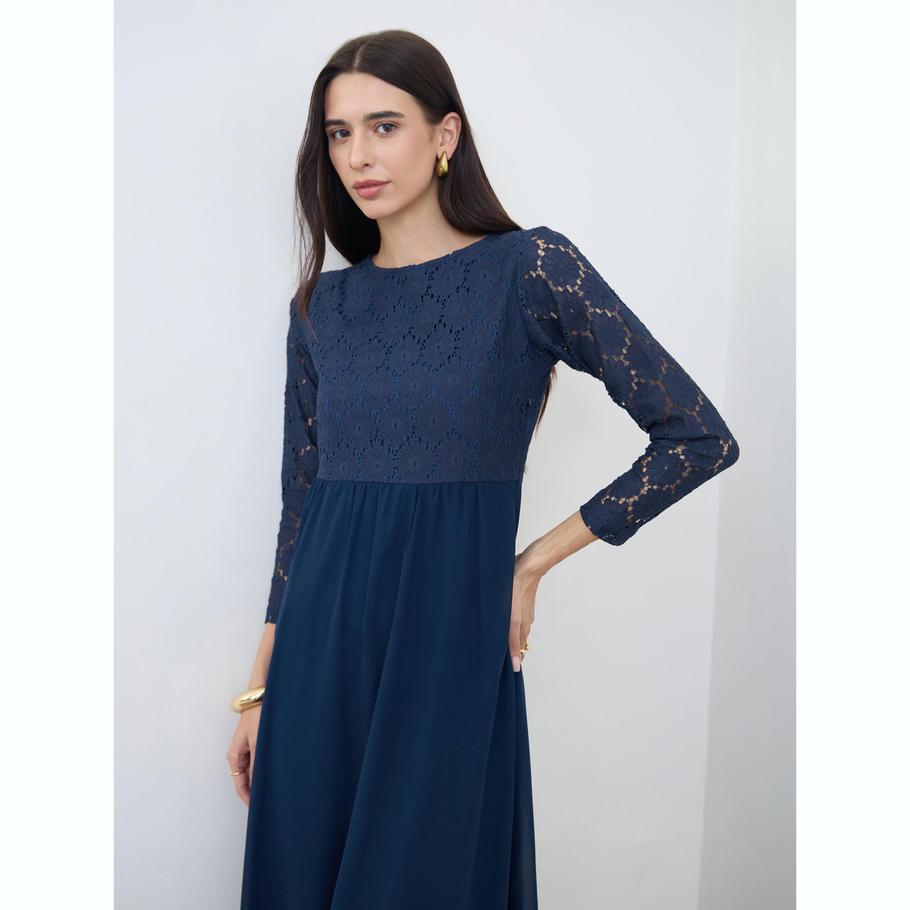 Styli Navy Blue Lace Sleeves A-Line Maxi Dress-women-clothing-dresses-image-3