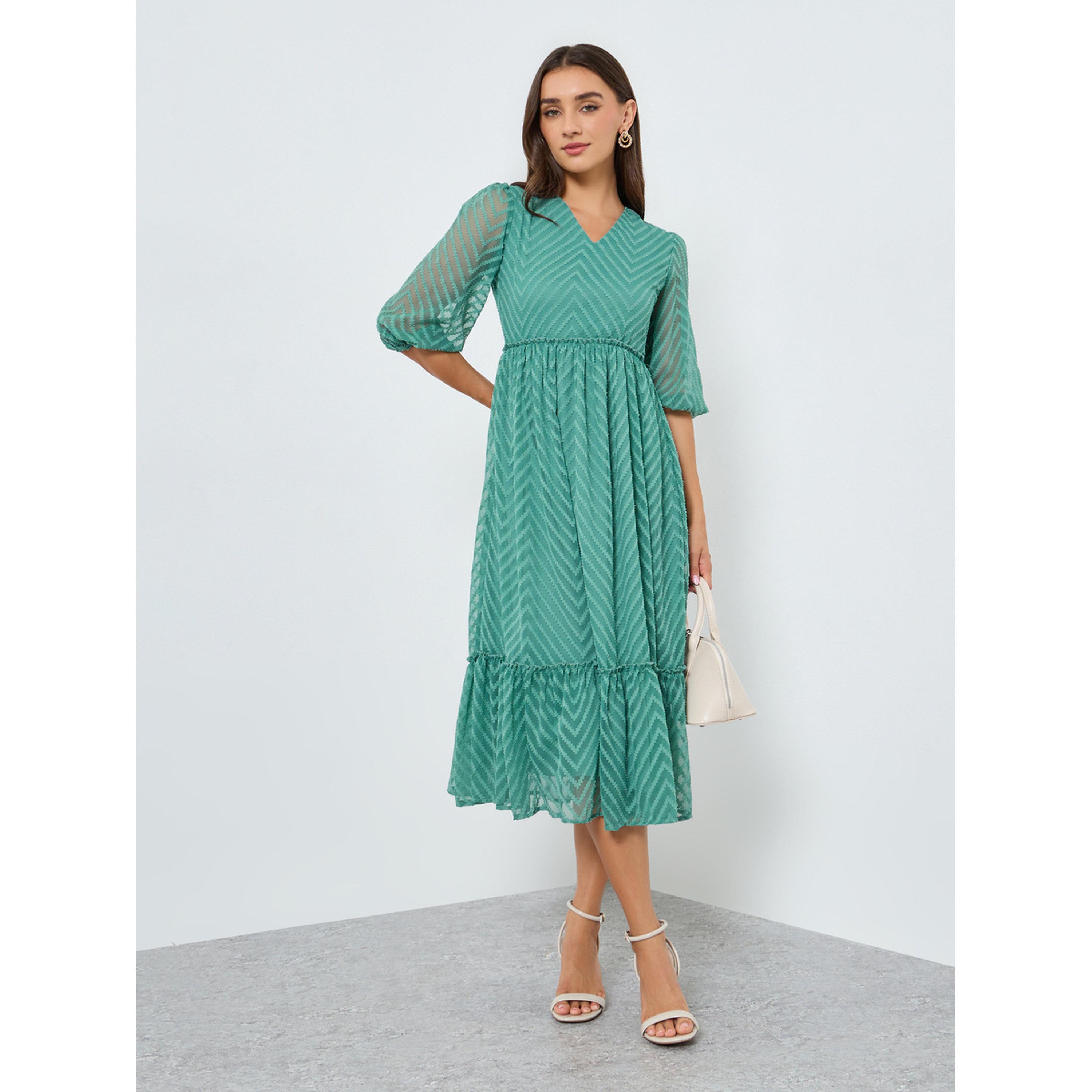 Styli Women Green Balloon Sleeve Ruffled Hem Midi Dress-women-clothing-dresses-image-1
