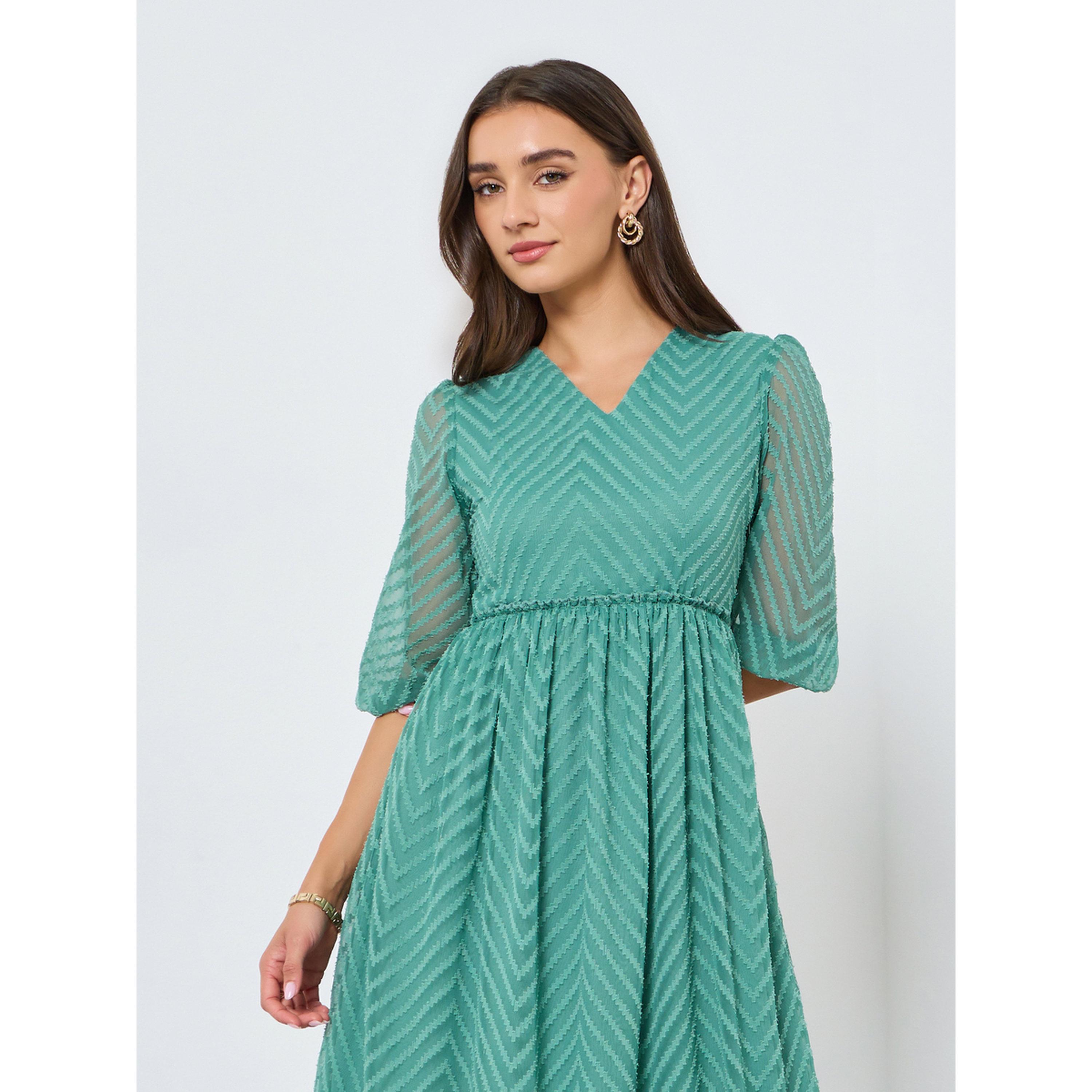 فستان ميدي بحافة مكشكشة وأكمام منفوخة للنساء-women-clothing-dresses-image-2