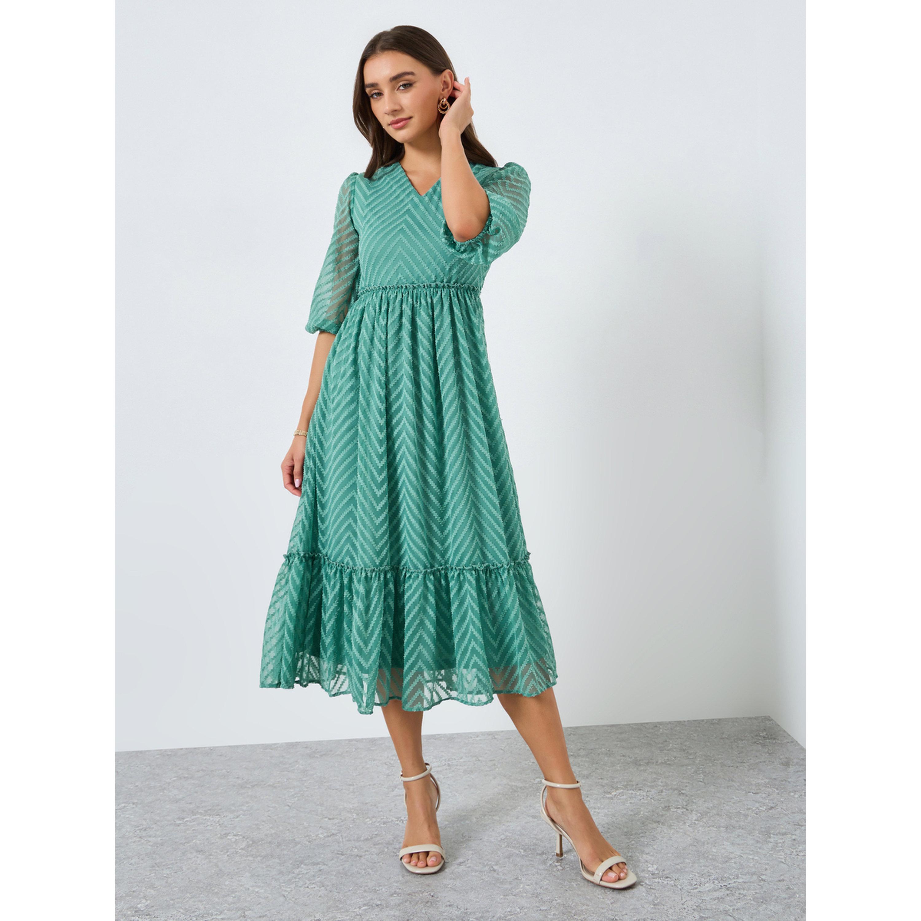 فستان ميدي بحافة مكشكشة وأكمام منفوخة للنساء-women-clothing-dresses-image-3
