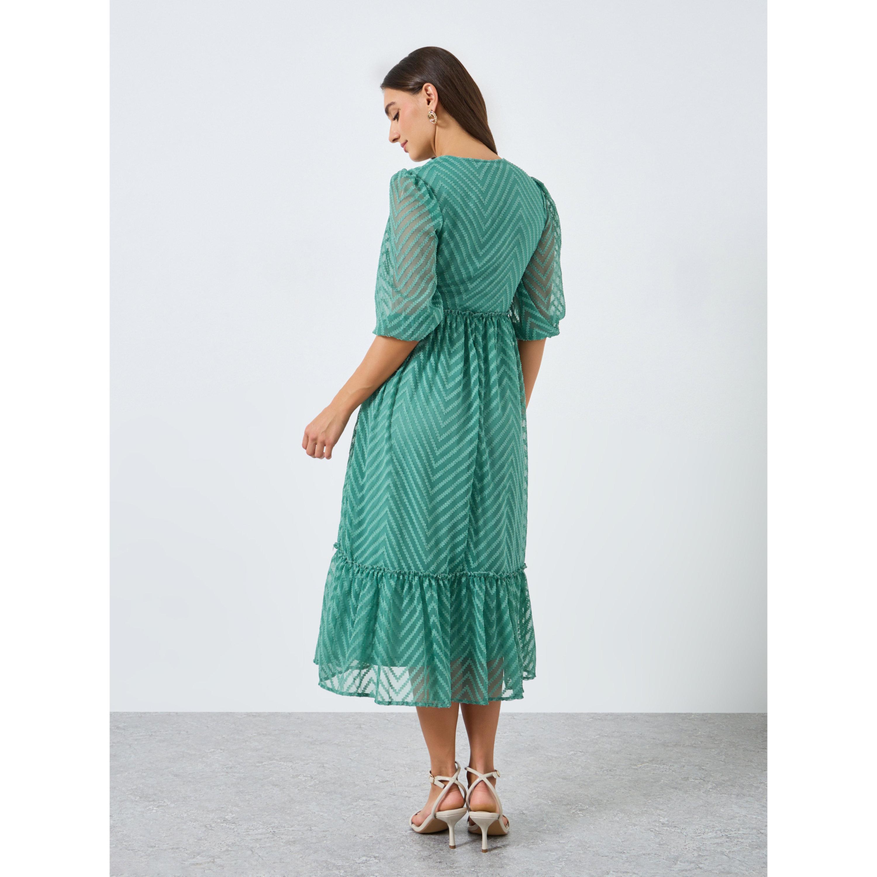 Styli Women Green Balloon Sleeve Ruffled Hem Midi Dress-women-clothing-dresses-image-4
