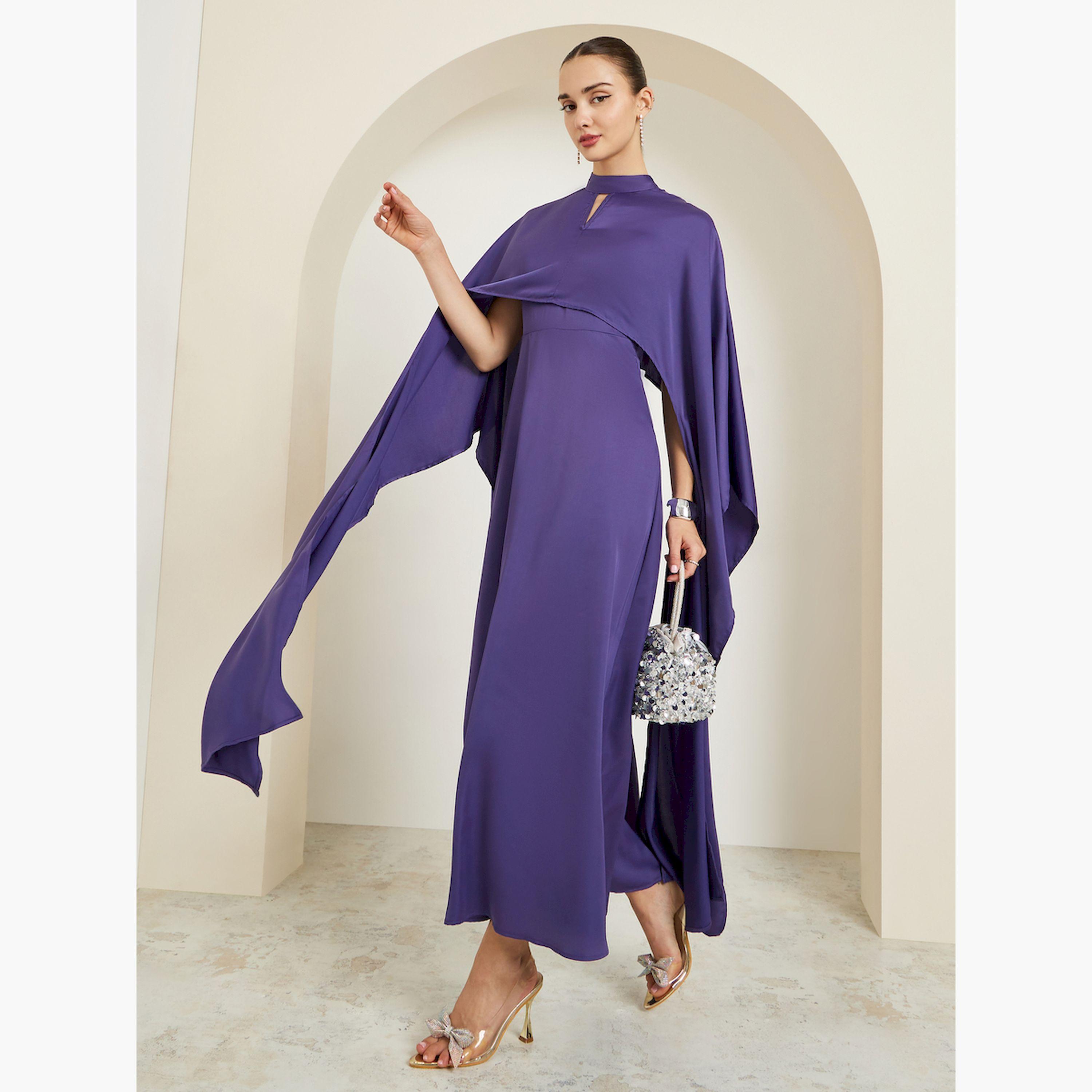 فستان طويل بحافة واسعة ساتان بأكمام كيب-women-clothing-dresses-image-1