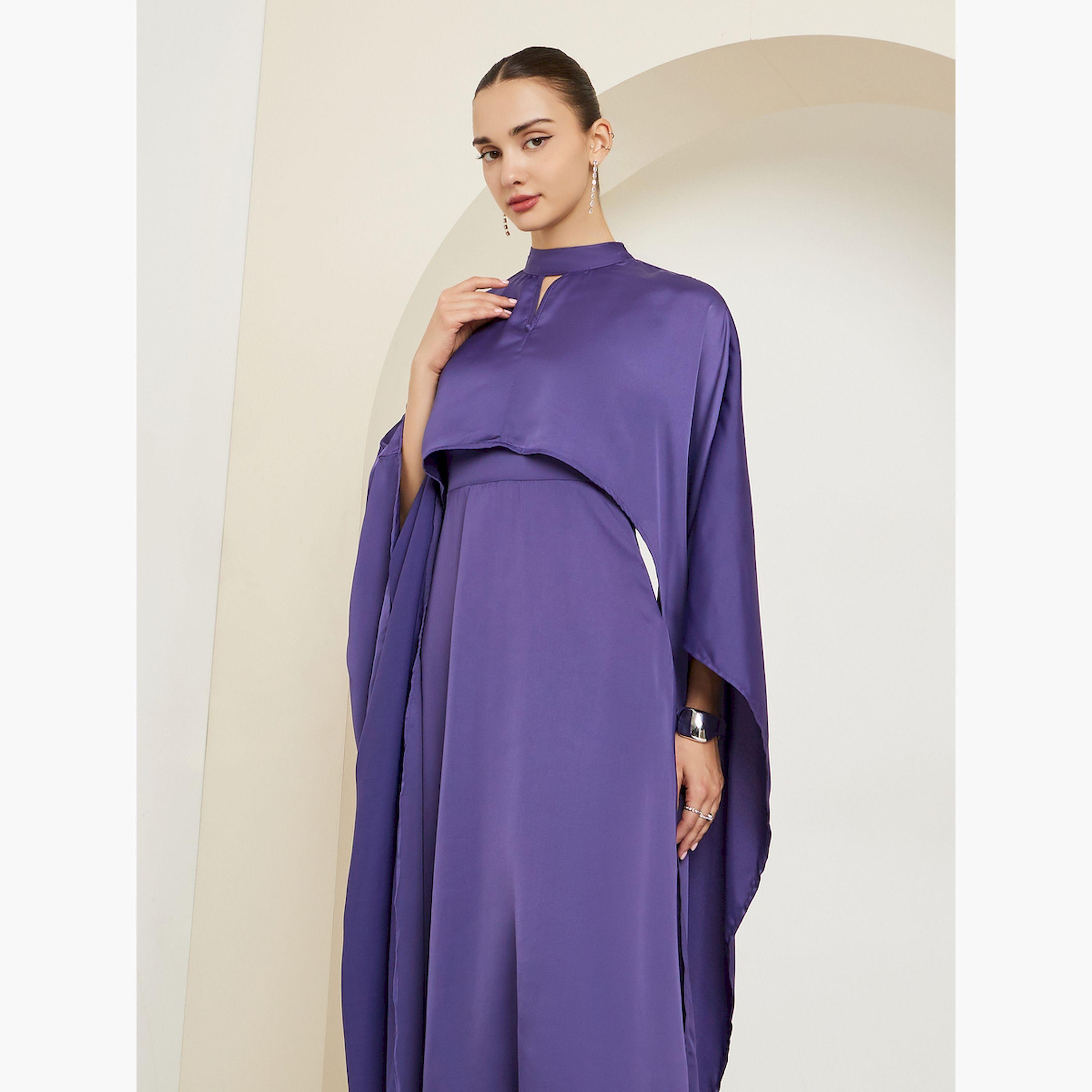Styli Purple Satin Cape Sleeve A-Line Maxi Dress-women-clothing-dresses-image-2