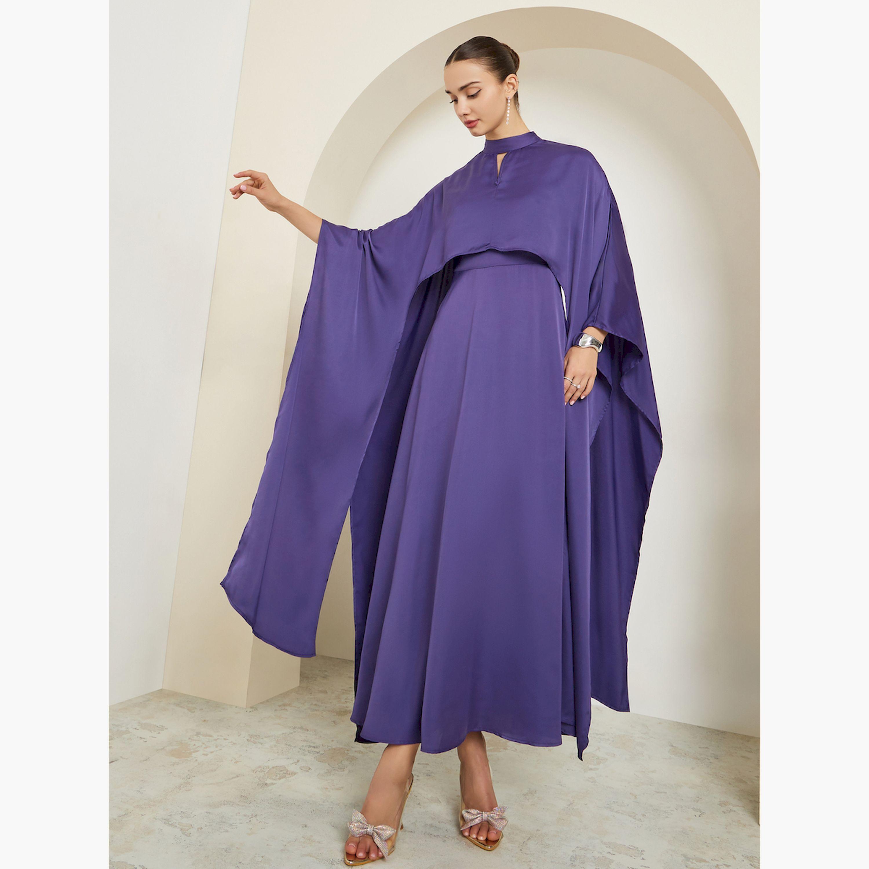 فستان طويل بحافة واسعة ساتان بأكمام كيب-women-clothing-dresses-image-3