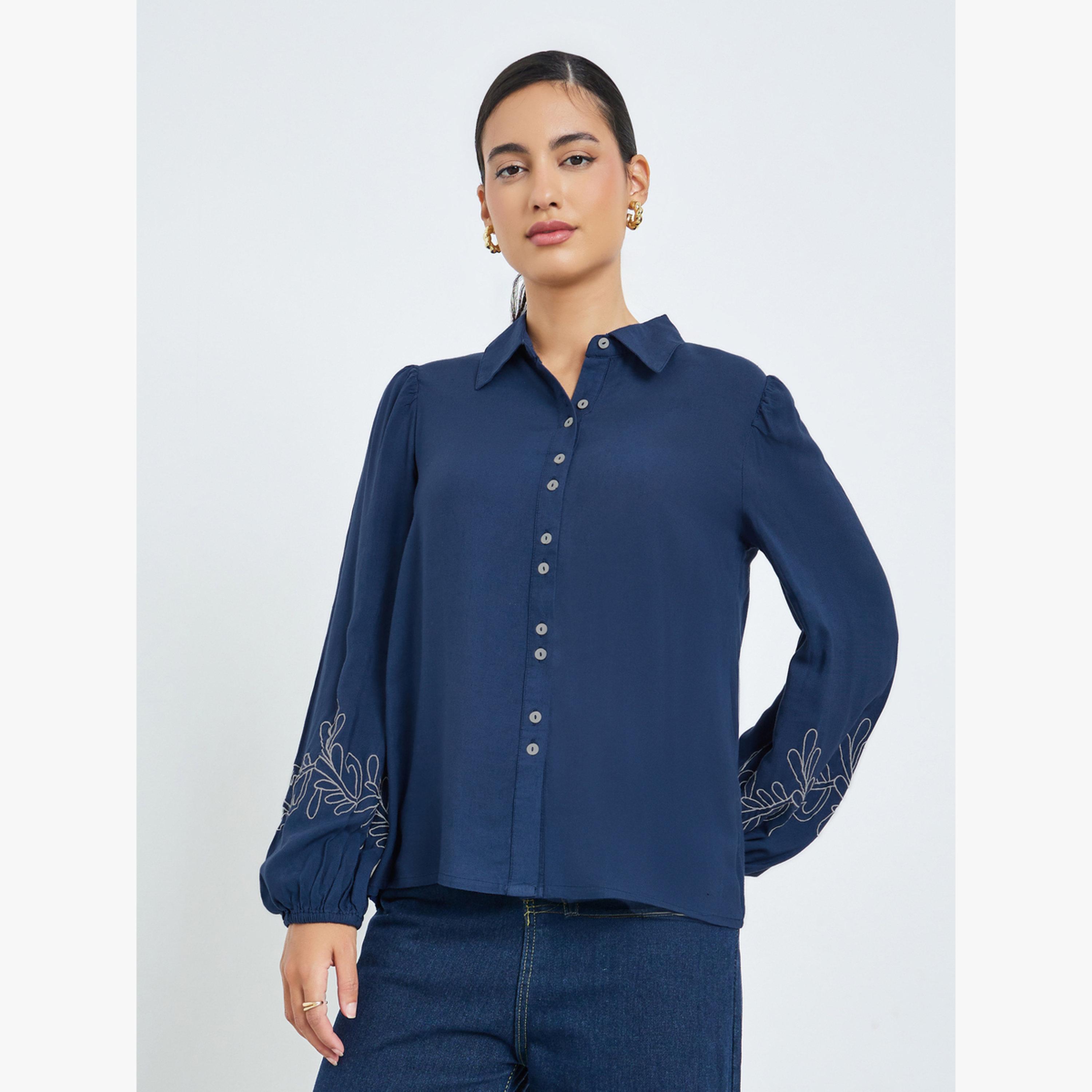 Styli Navy Blue Embroidered Cuff Sleeve Shirt-women-clothing-shirtsandblouses-shirts-image-1
