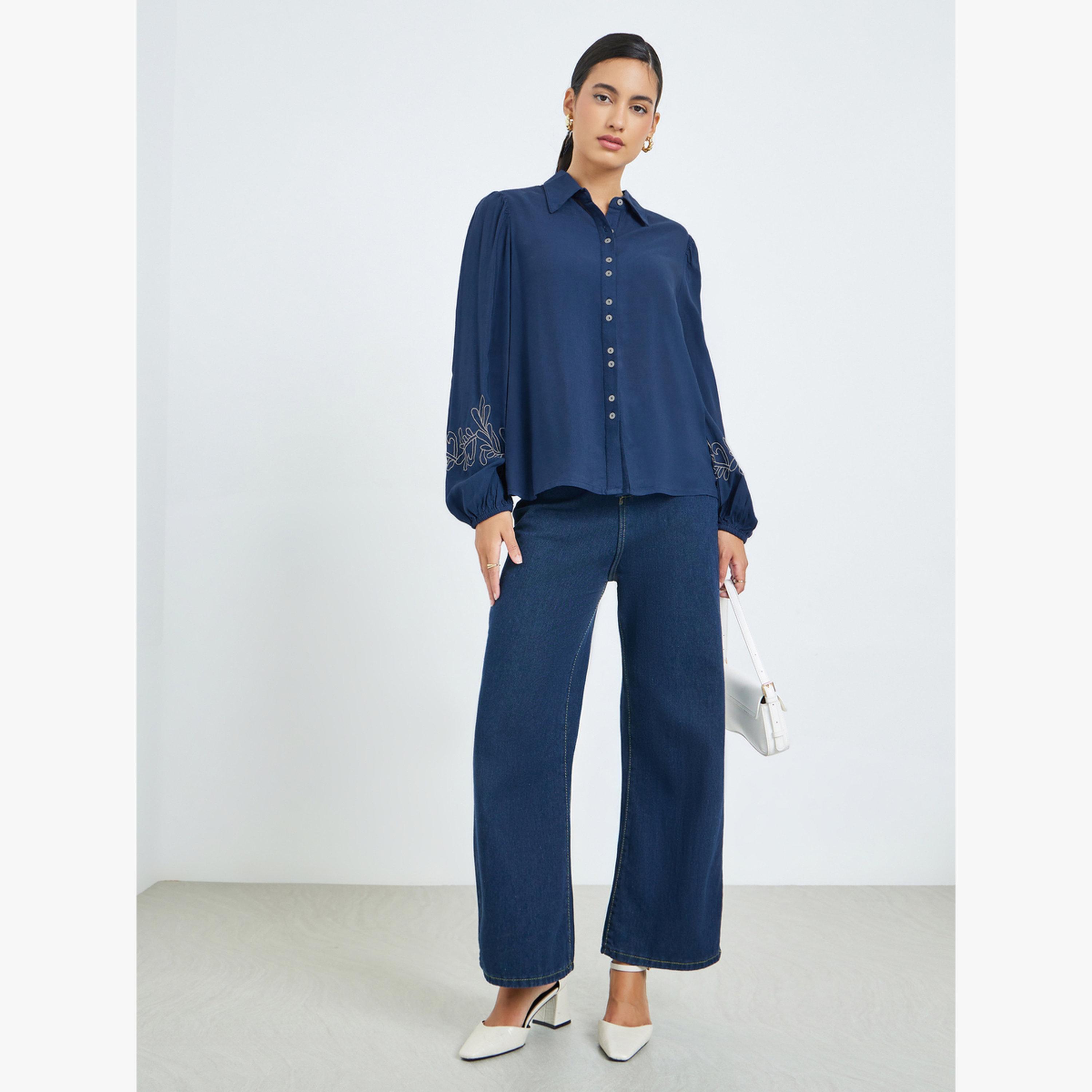 Styli Navy Blue Embroidered Cuff Sleeve Shirt-women-clothing-shirtsandblouses-shirts-image-2