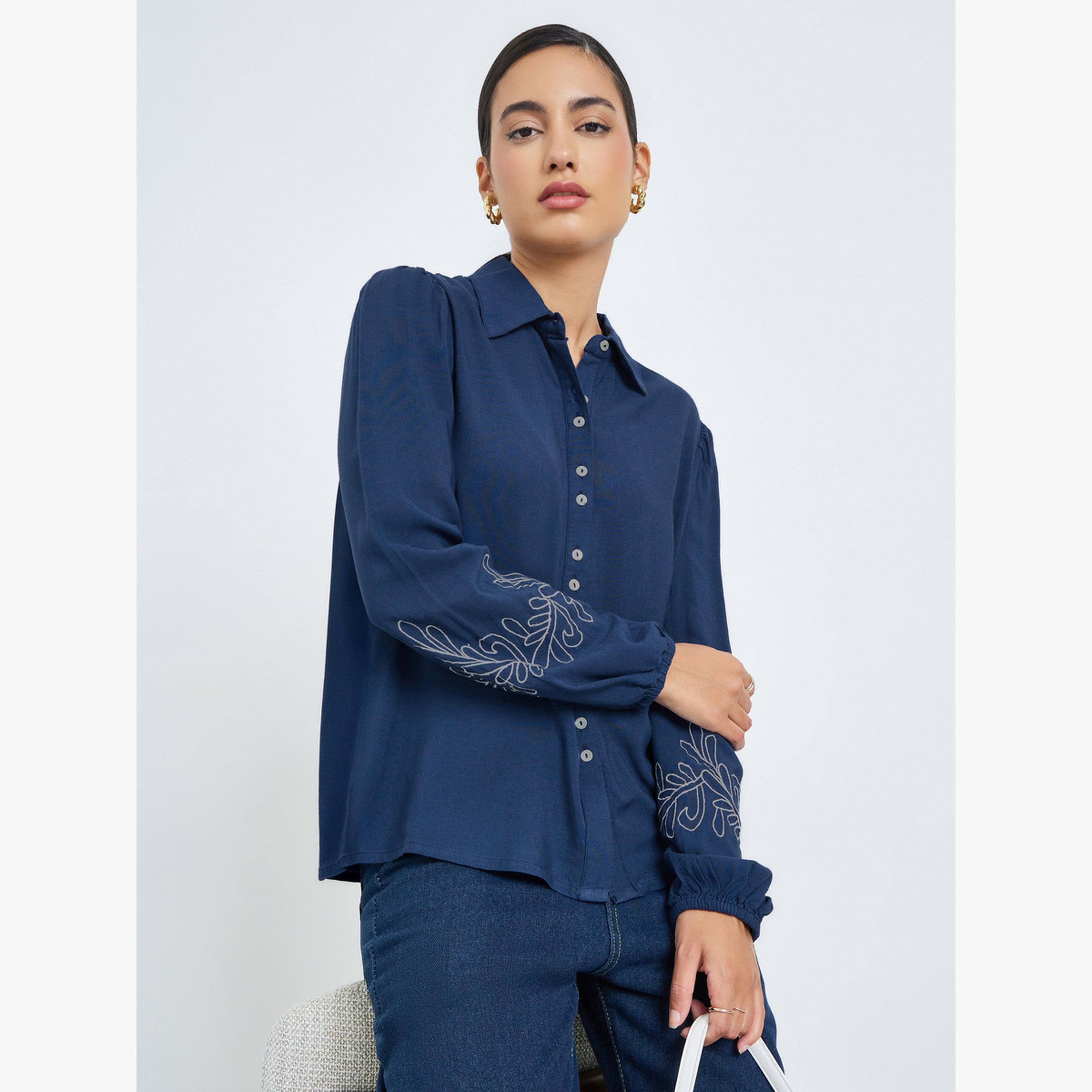 Styli Navy Blue Embroidered Cuff Sleeve Shirt-women-clothing-shirtsandblouses-shirts-image-3