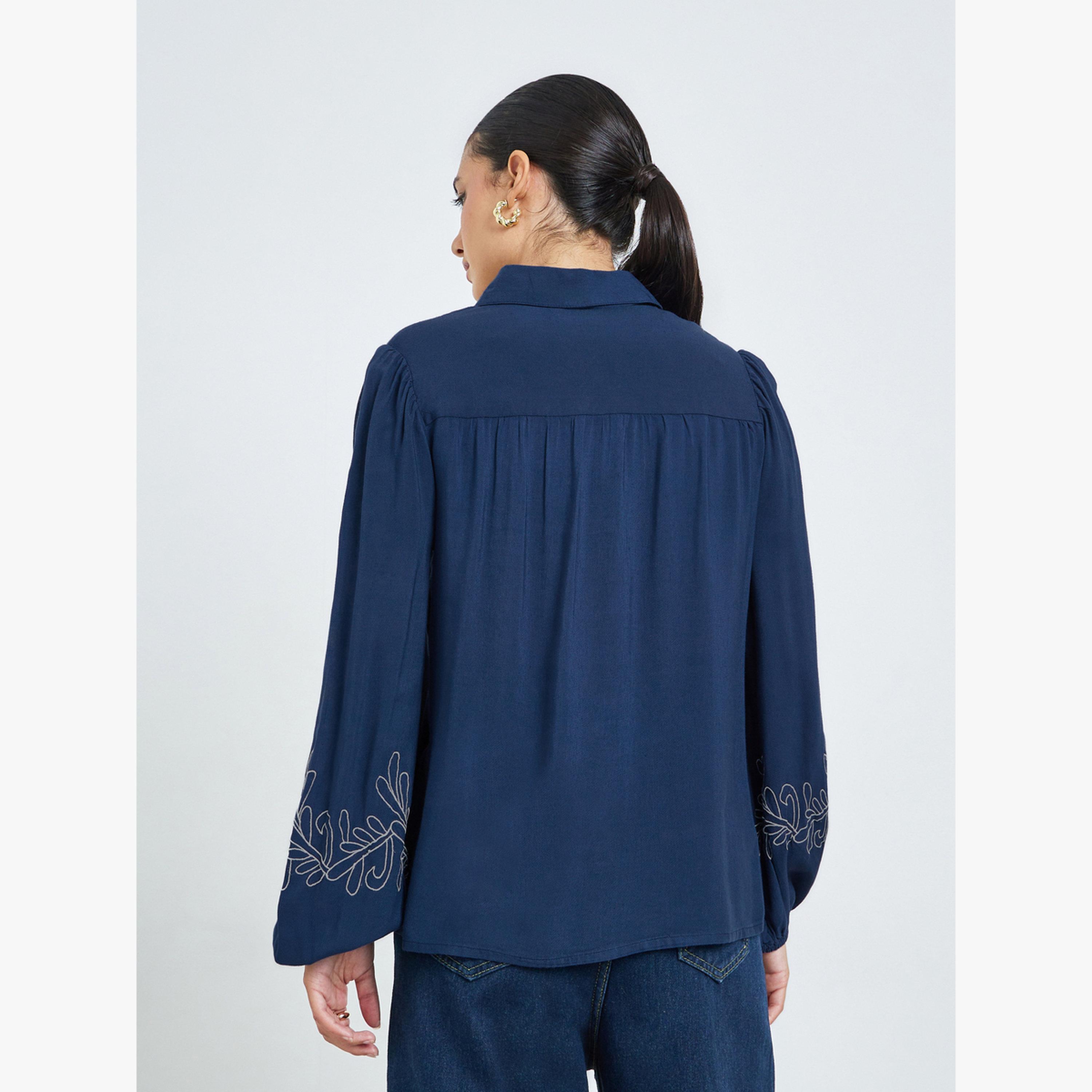 Styli Navy Blue Embroidered Cuff Sleeve Shirt-women-clothing-shirtsandblouses-shirts-image-4
