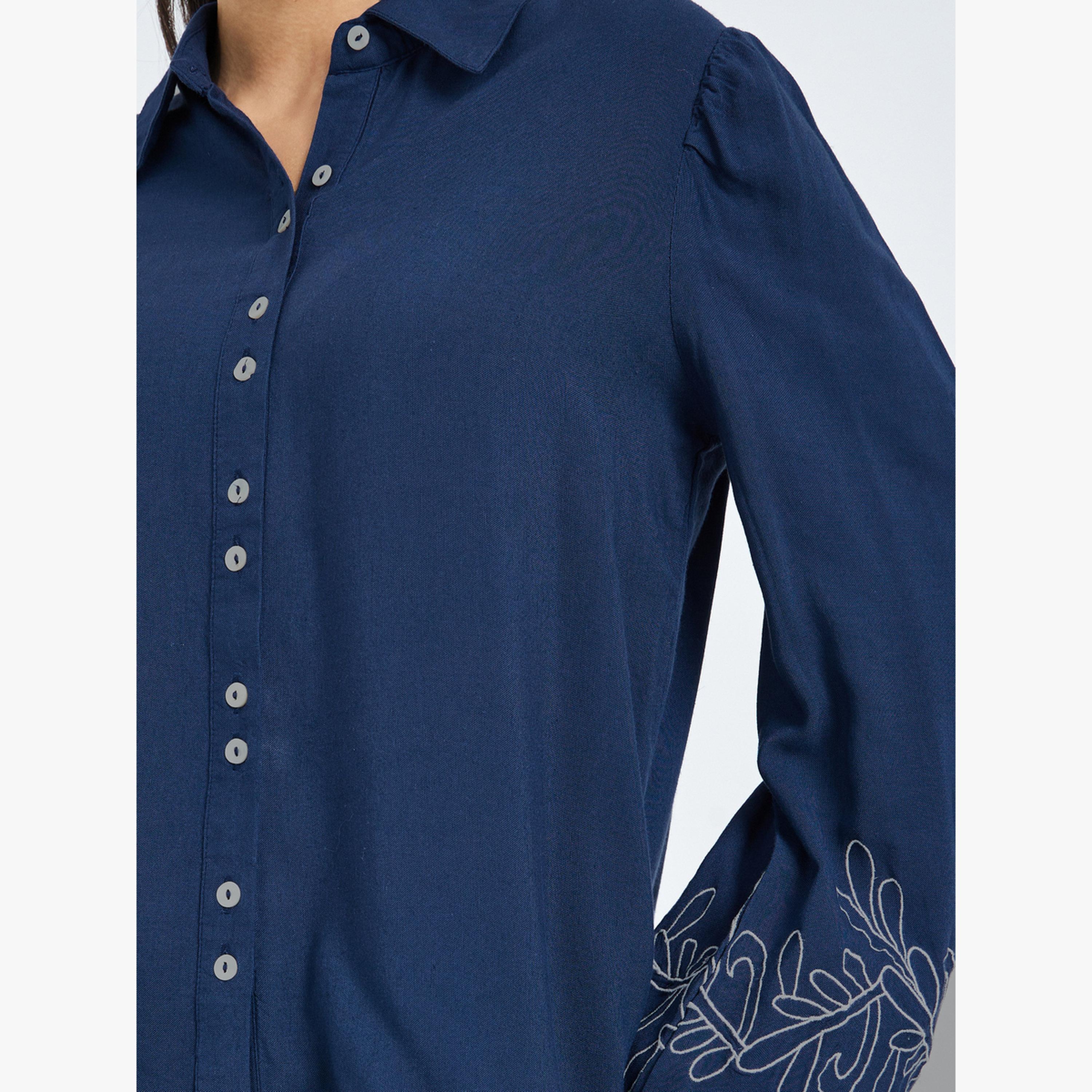 Styli Navy Blue Embroidered Cuff Sleeve Shirt-women-clothing-shirtsandblouses-shirts-image-5