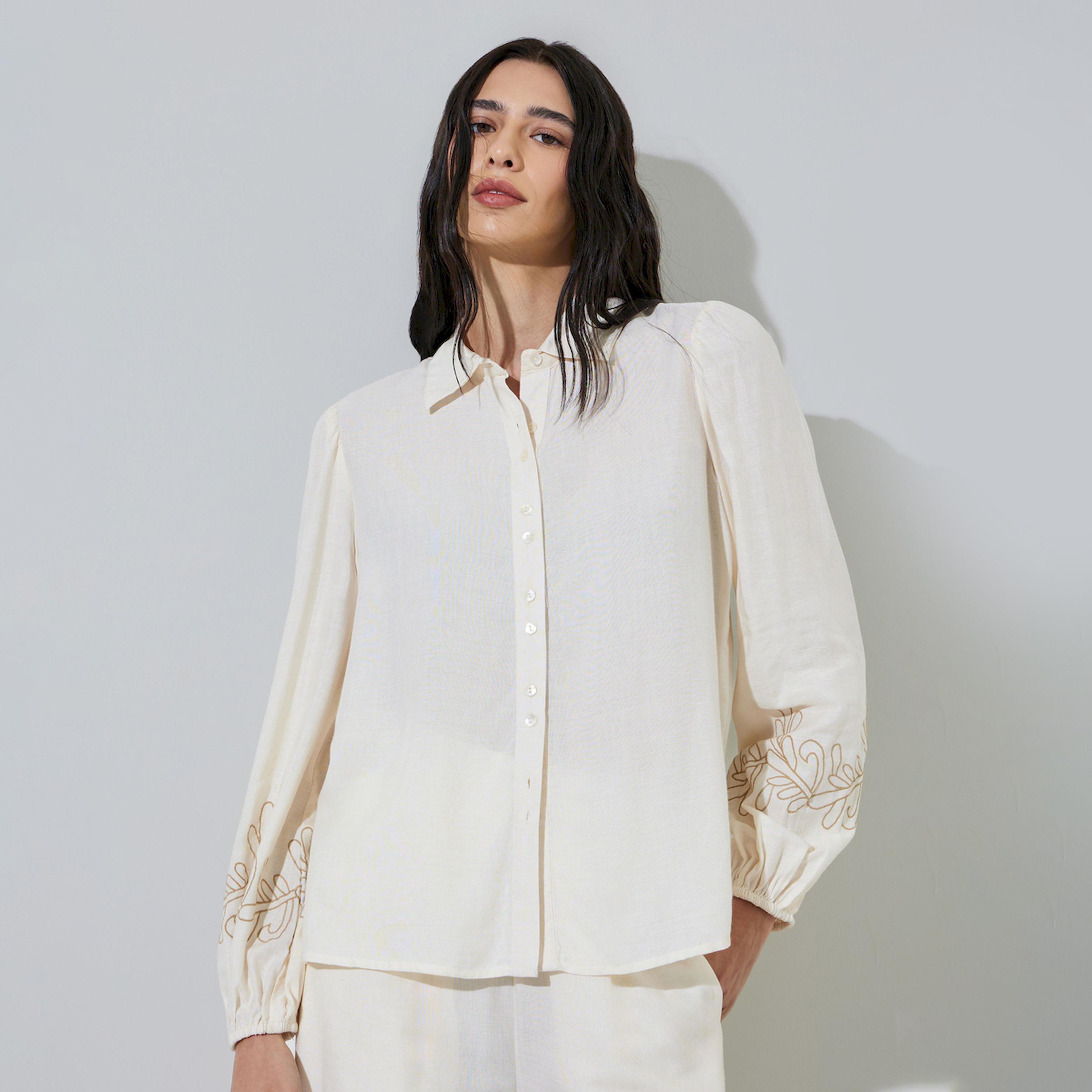 Styli Off White Embroidered Cuff Sleeve Shirt-women-clothing-shirtsandblouses-shirts-image-1