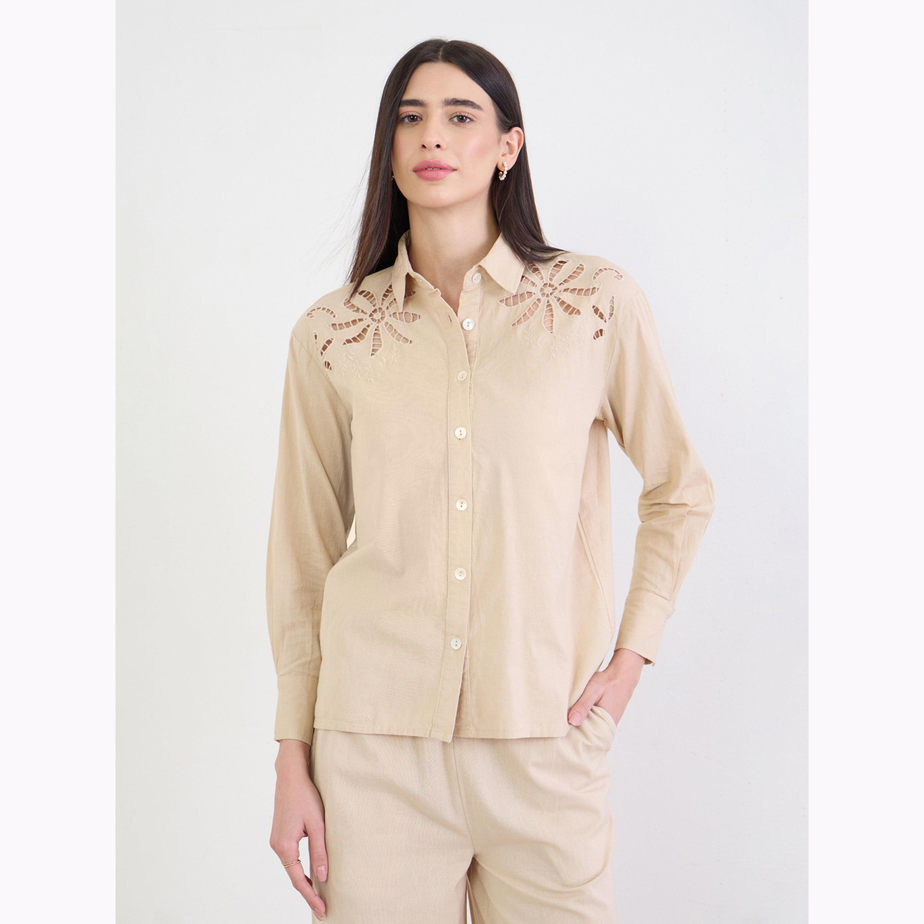 Styli Beige Embroidered Oversized Eyelet Shirt-women-clothing-shirtsandblouses-shirts-image-1