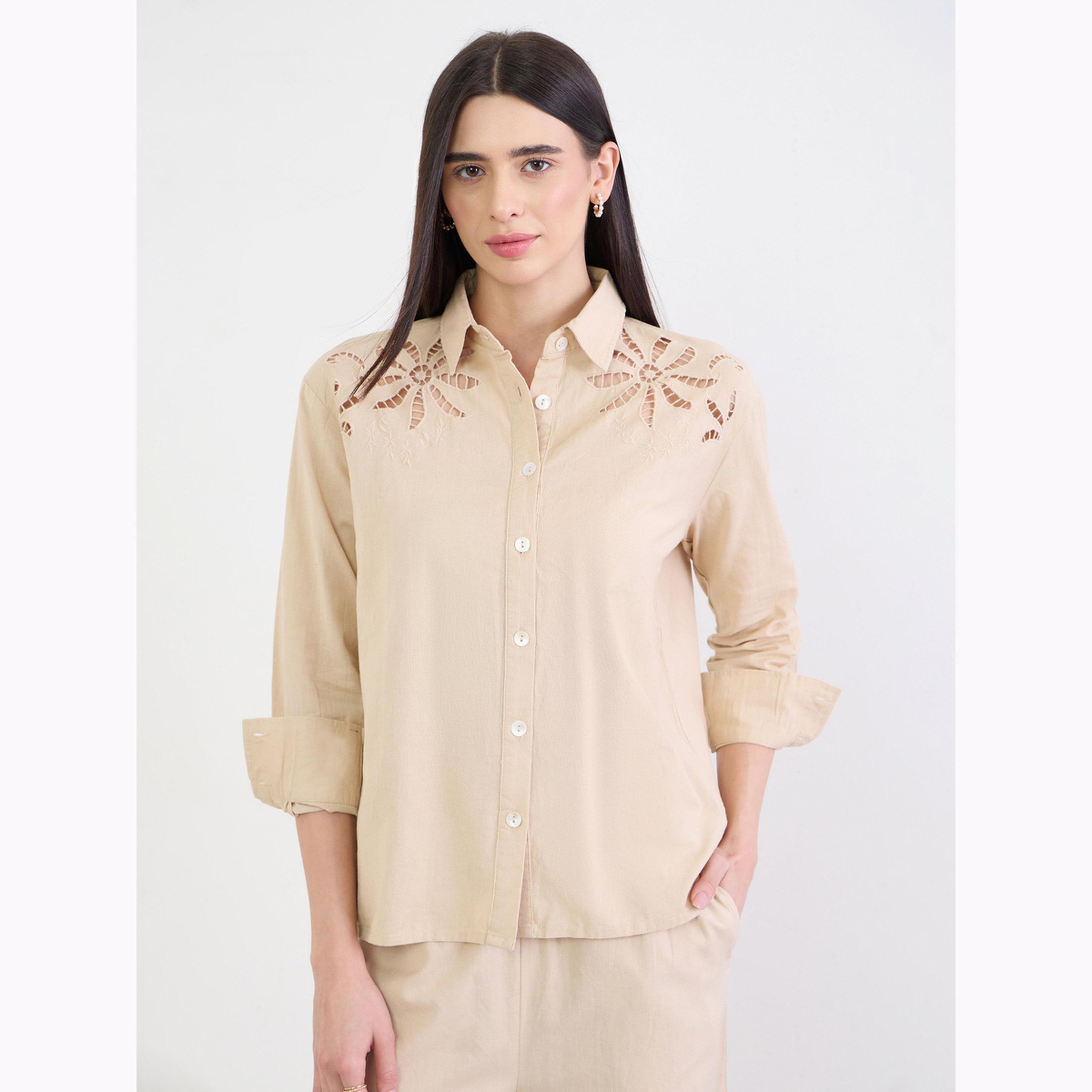 Styli Beige Embroidered Oversized Eyelet Shirt-women-clothing-shirtsandblouses-shirts-image-3