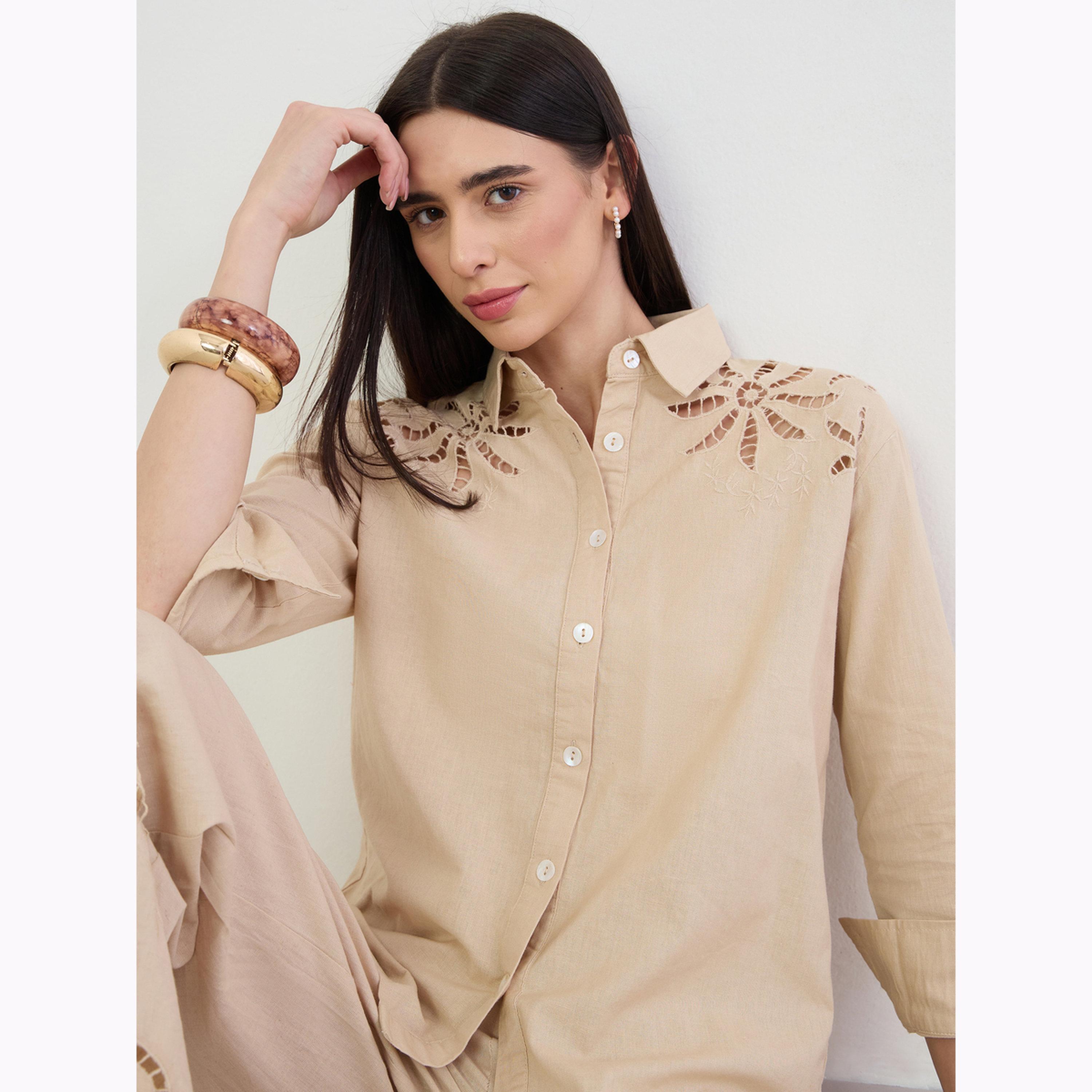 Styli Beige Embroidered Oversized Eyelet Shirt-women-clothing-shirtsandblouses-shirts-image-4